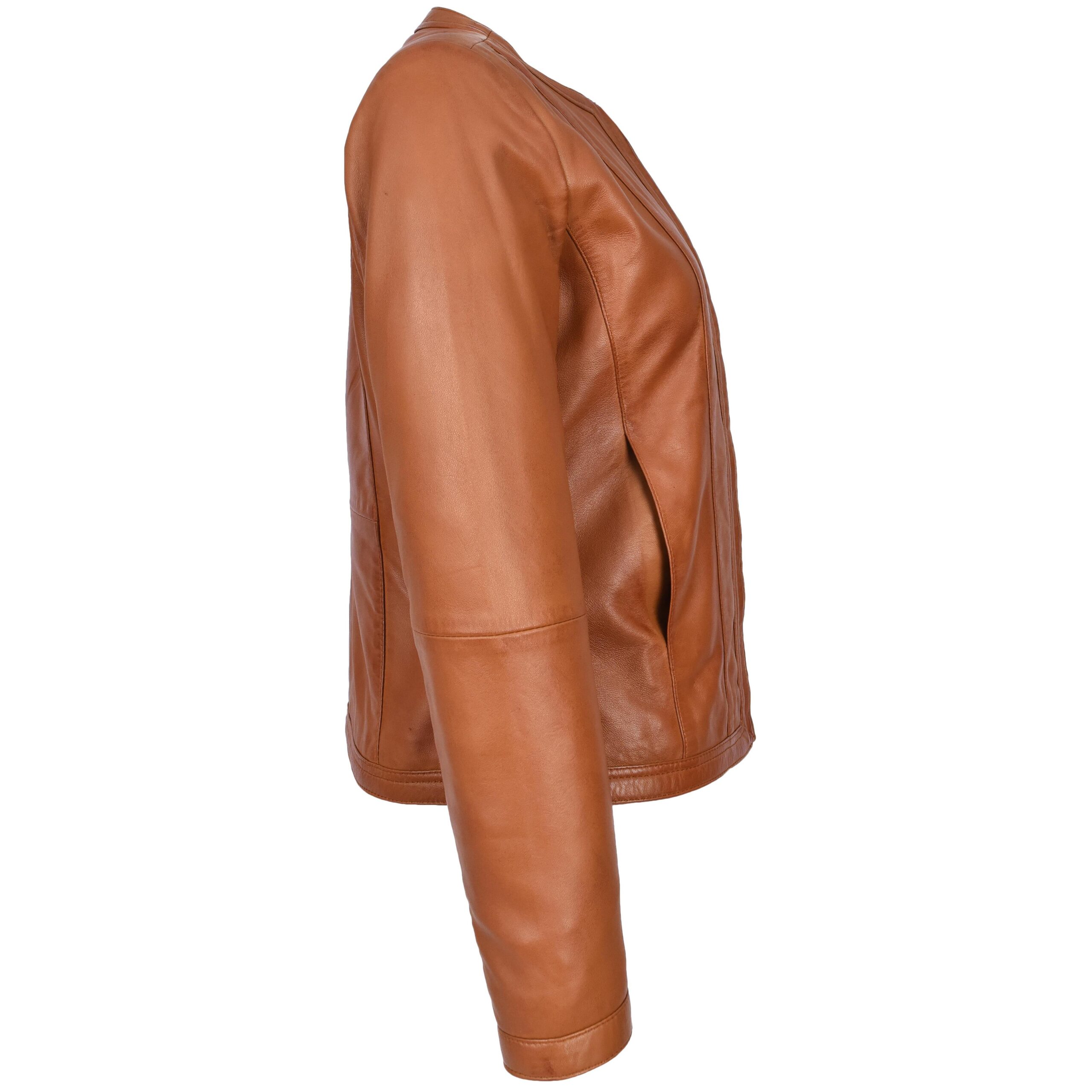 BUNERI Veste en Cuir Tan pour Femme Slim Fit sans Col – Image 3