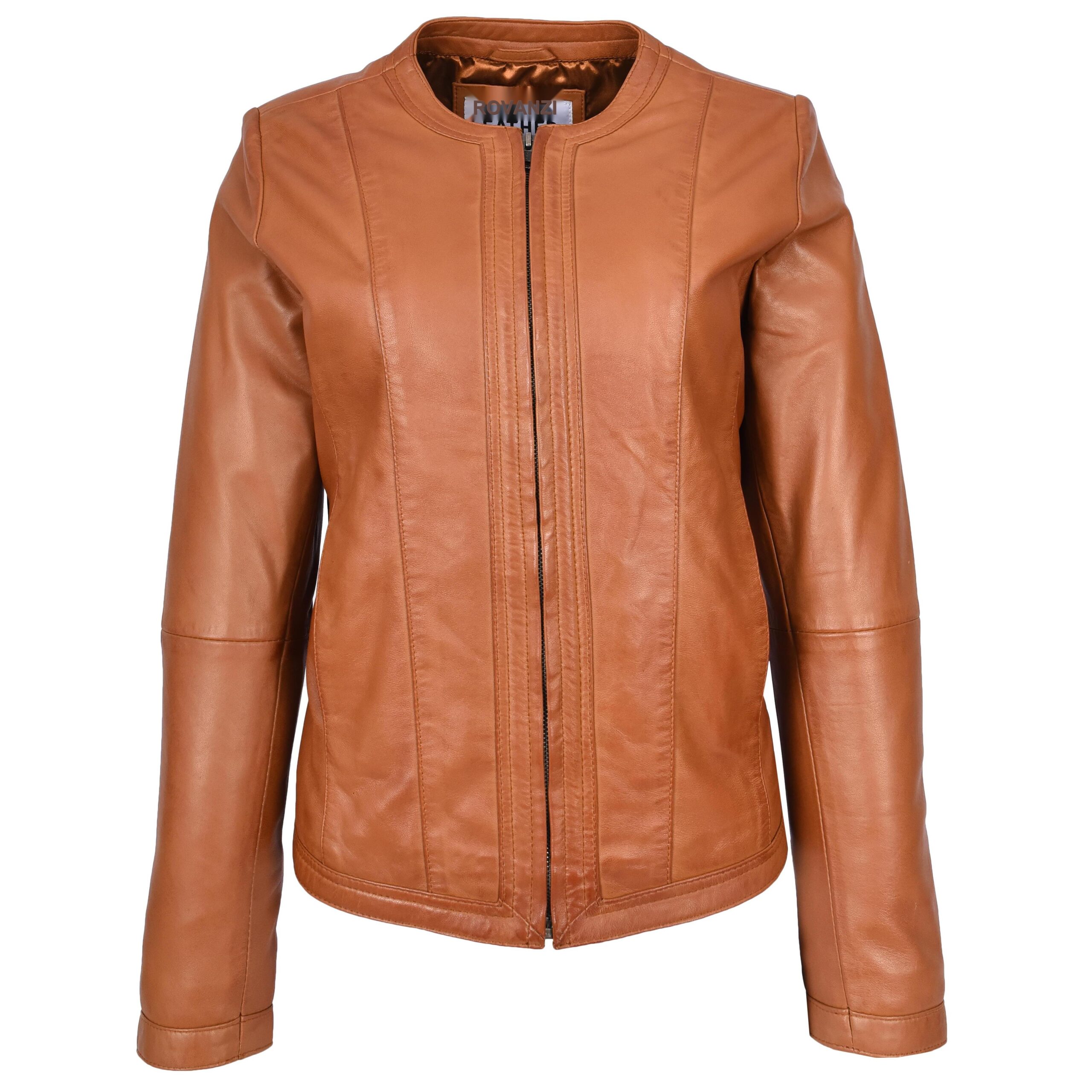 BUNERI Veste en Cuir Tan pour Femme Slim Fit sans Col – Image 4