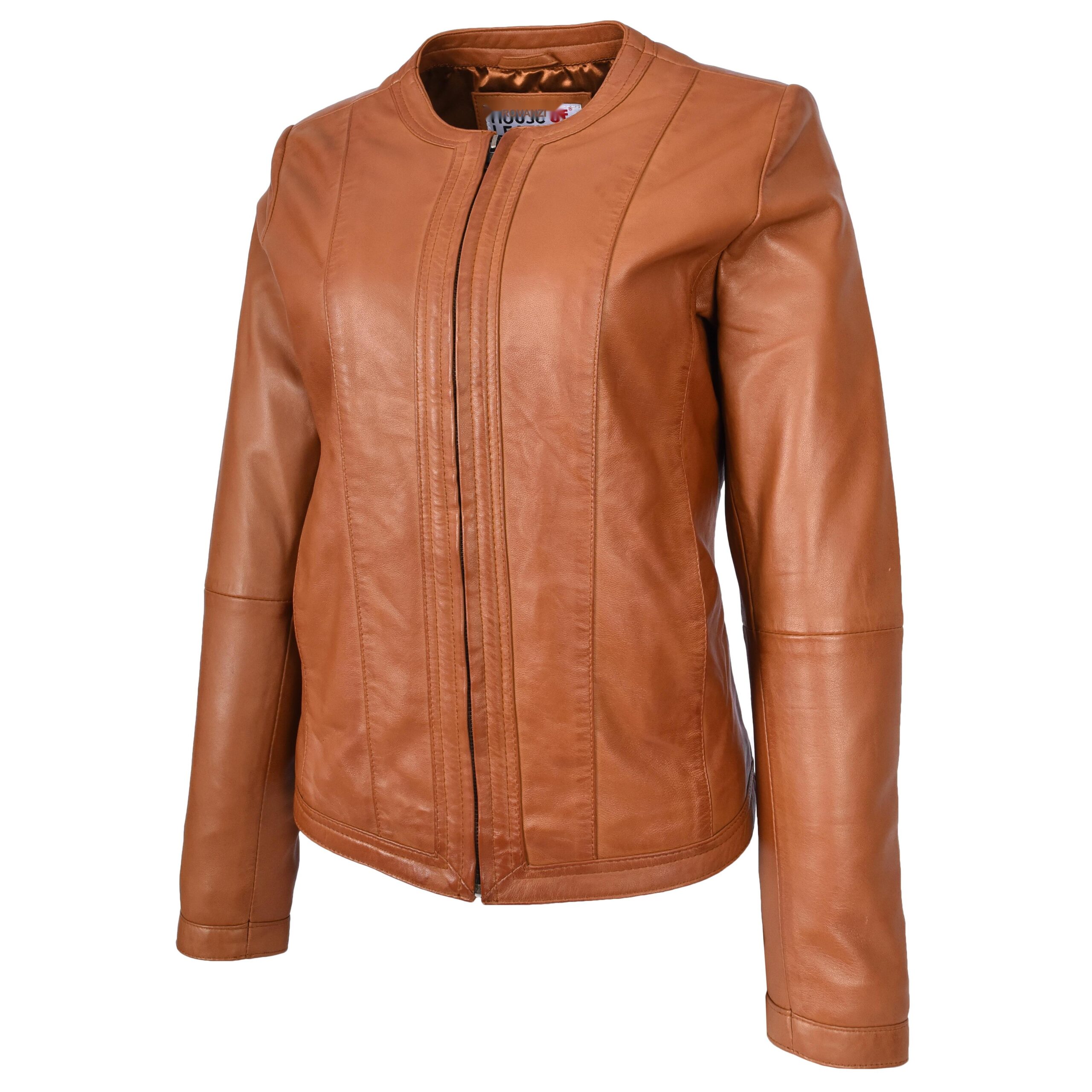 BUNERI Veste en Cuir Tan pour Femme Slim Fit sans Col – Image 5