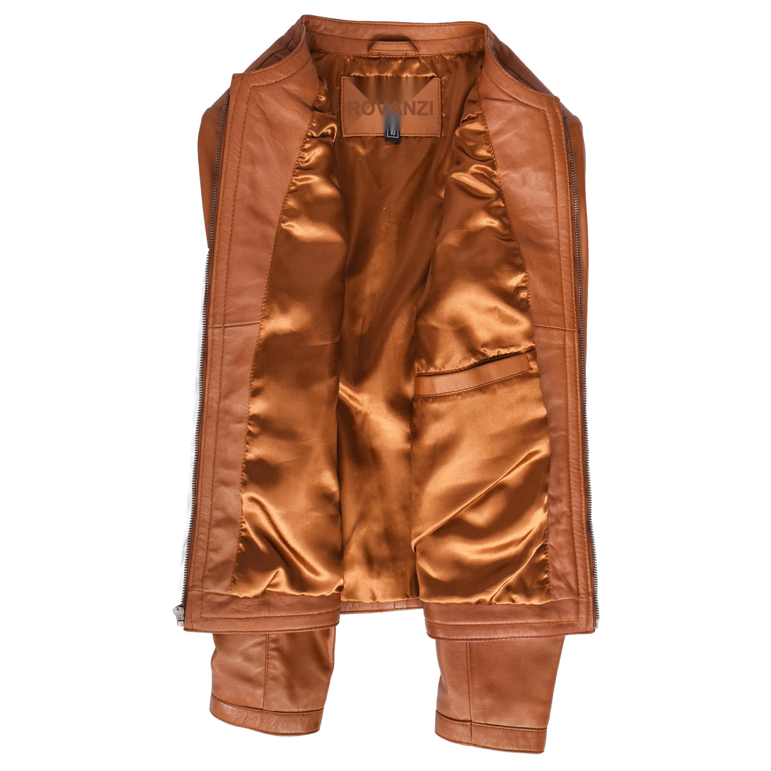 BUNERI Veste en Cuir Tan pour Femme Slim Fit sans Col – Image 6