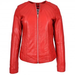 BUNERI Veste en Cuir Véritable Rouge Sans Col Classique pour Femme