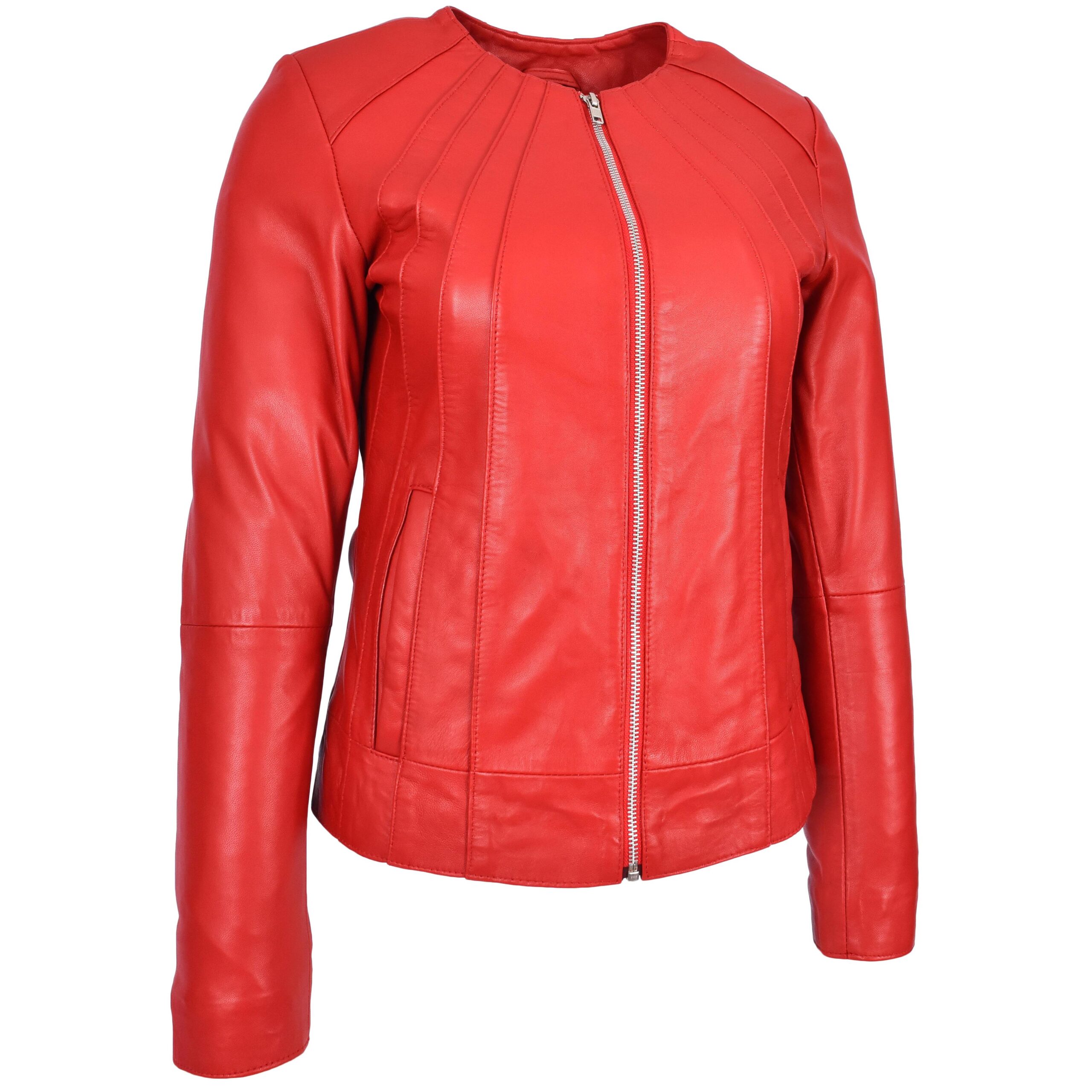 BUNERI Veste en Cuir Véritable Rouge Sans Col Classique pour Femme – Image 4