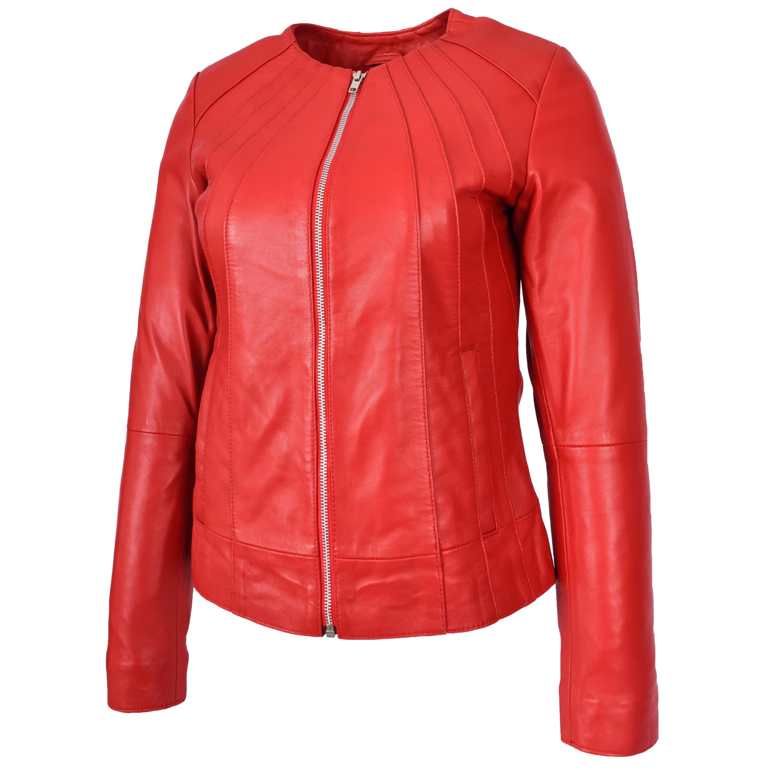BUNERI Veste en Cuir Véritable Rouge Sans Col Classique pour Femme – Image 5