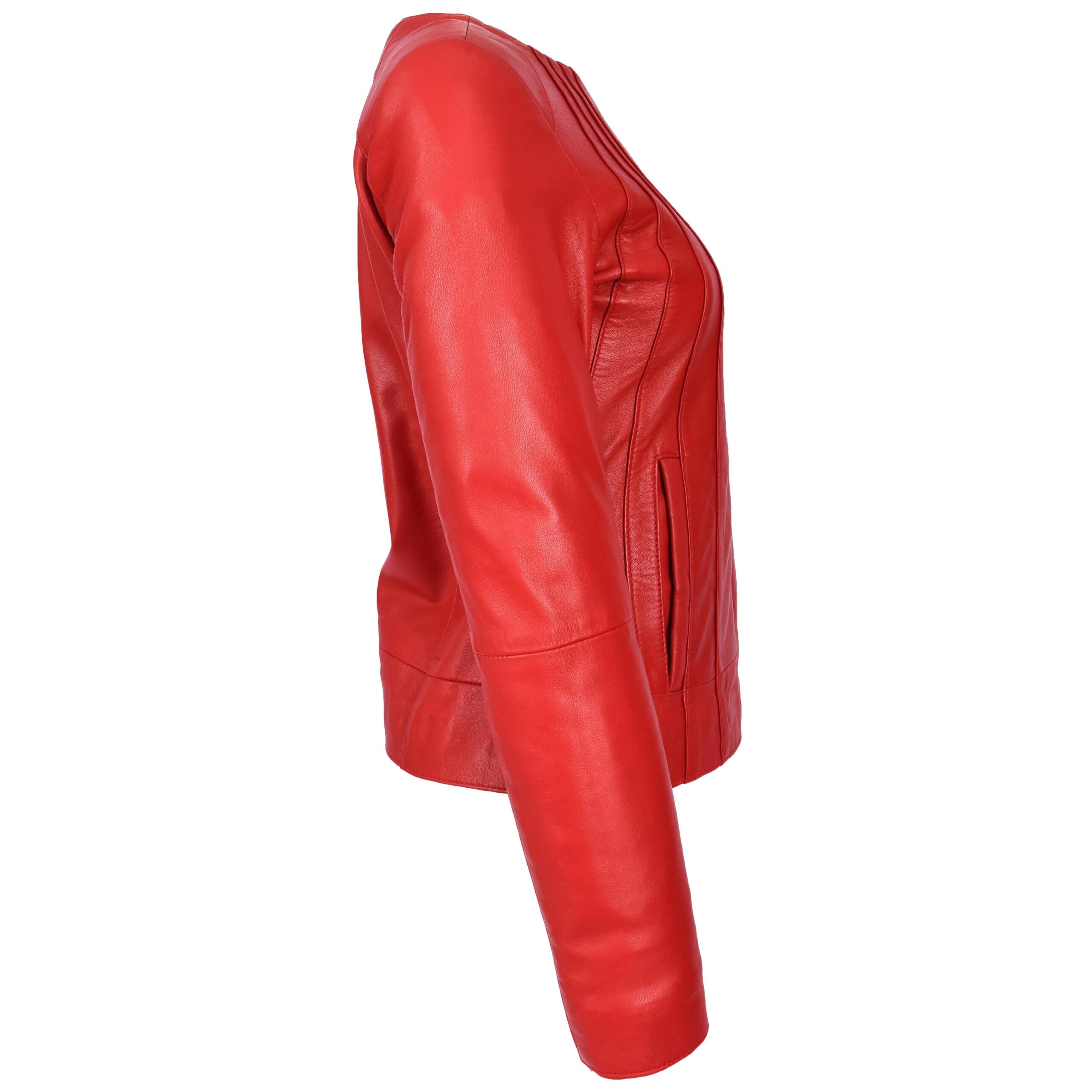 BUNERI Veste en Cuir Véritable Rouge Sans Col Classique pour Femme – Image 6