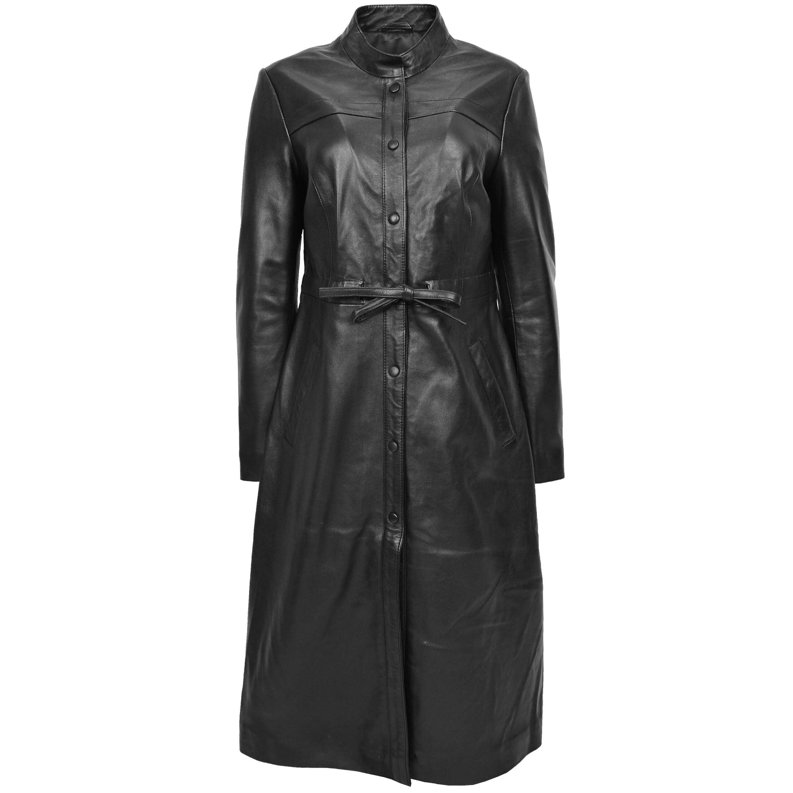 BUNERI Manteau Long en Vrai Cuir Pleine Longueur pour Femme Noir