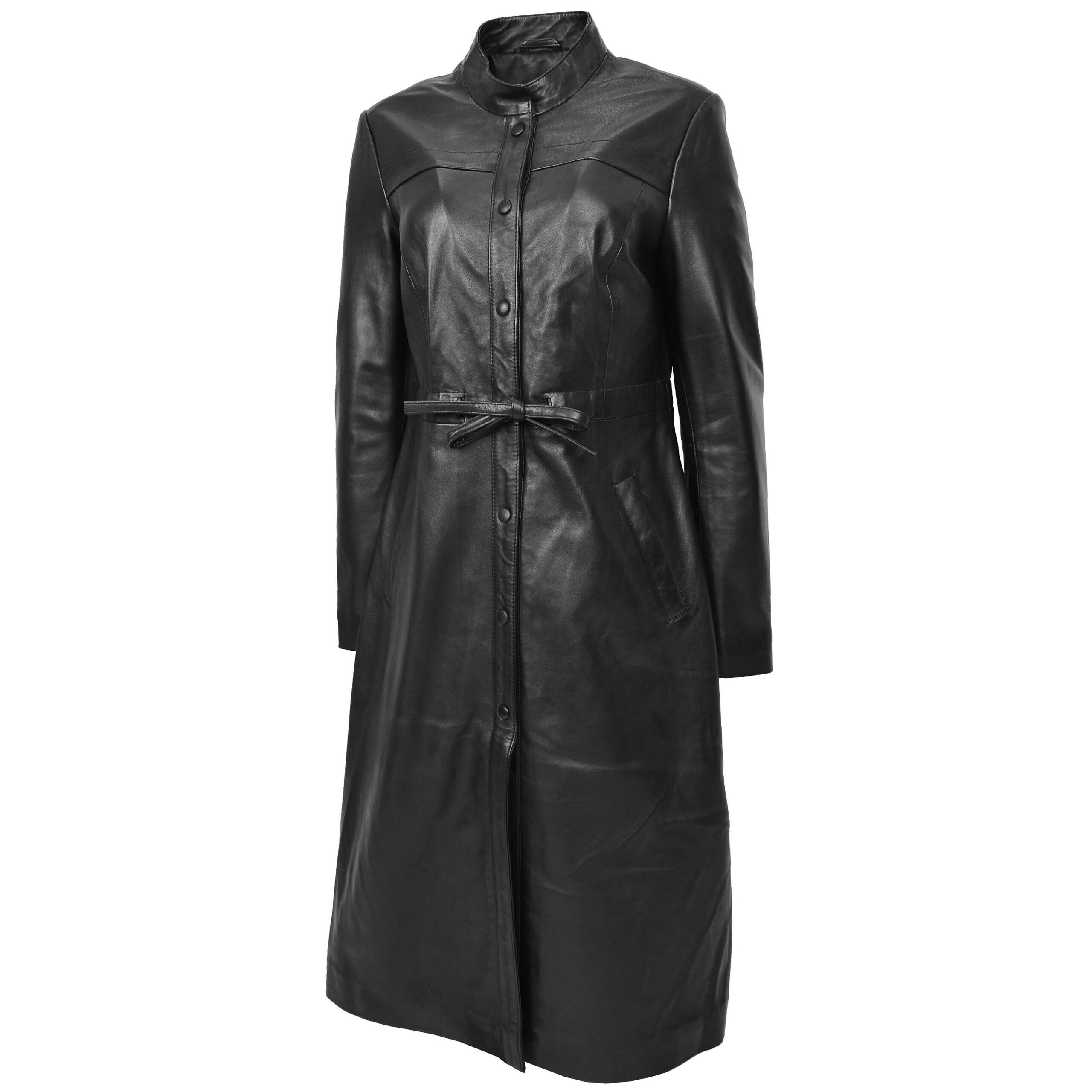 BUNERI Manteau Long en Vrai Cuir Pleine Longueur pour Femme Noir – Image 4