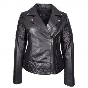 BUNERI Veste Femme Vraie Cuir Multi Zip Croise Biker Ajuste Matelasse Noire