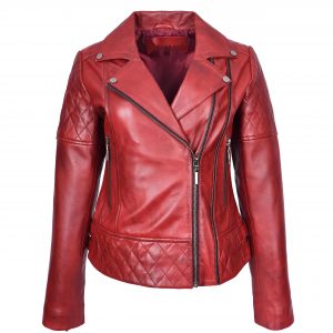BUNERI Blouson Biker en Cuir Matelassé Rouge Bruni pour Femme