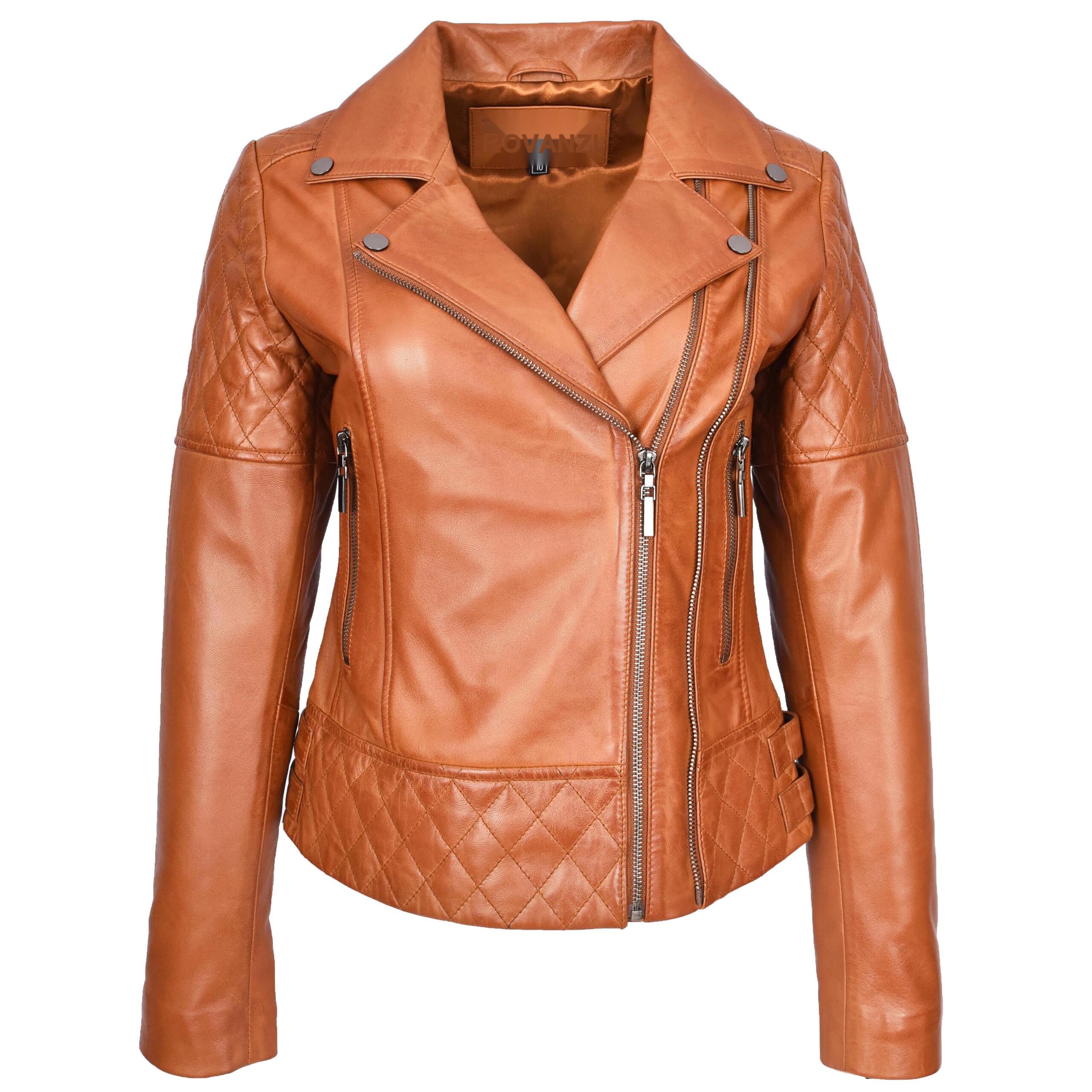 BUNERI Veste en Cuir Biker Tan pour Femme avec Détails Matelassés