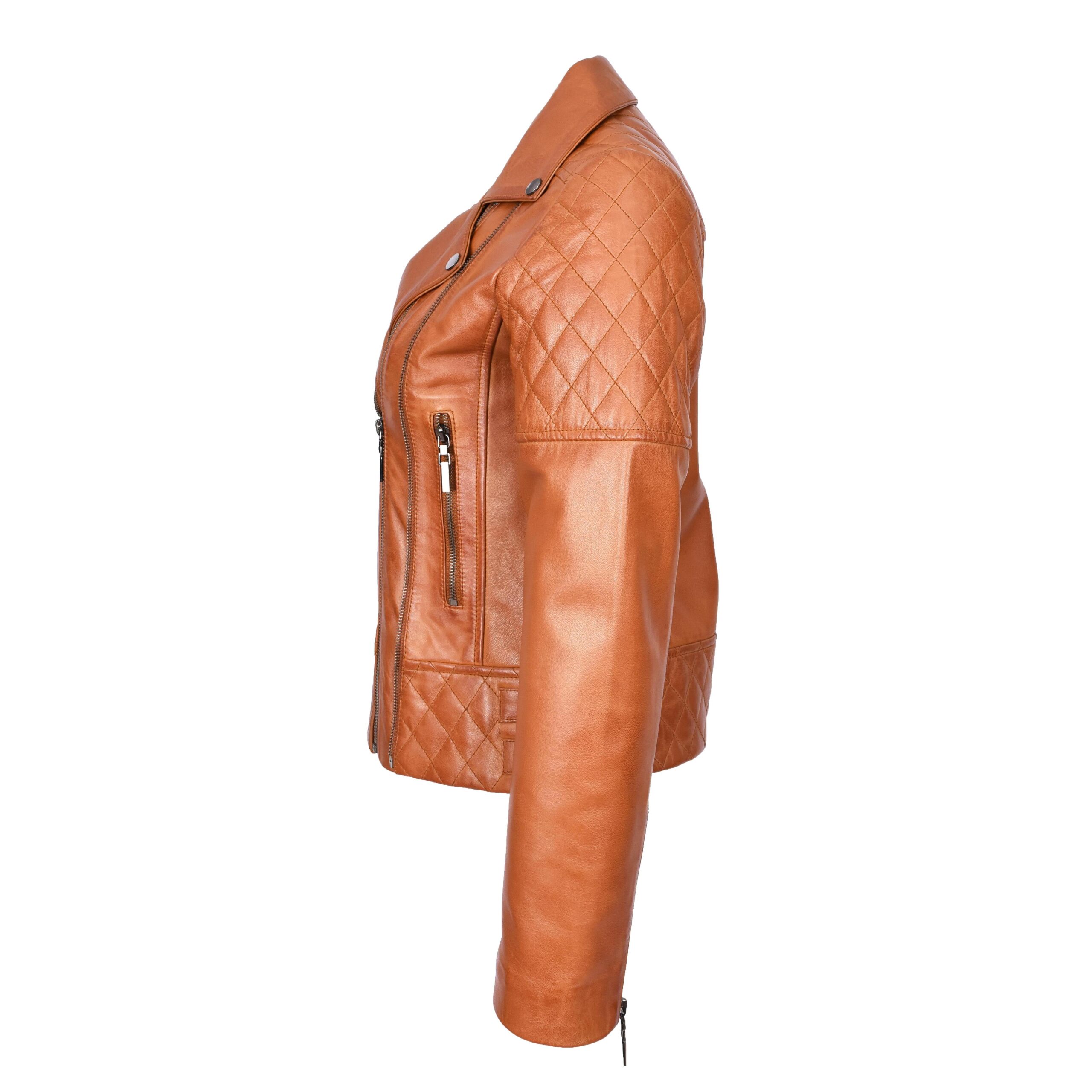 BUNERI Veste en Cuir Biker Tan pour Femme avec Détails Matelassés – Image 5