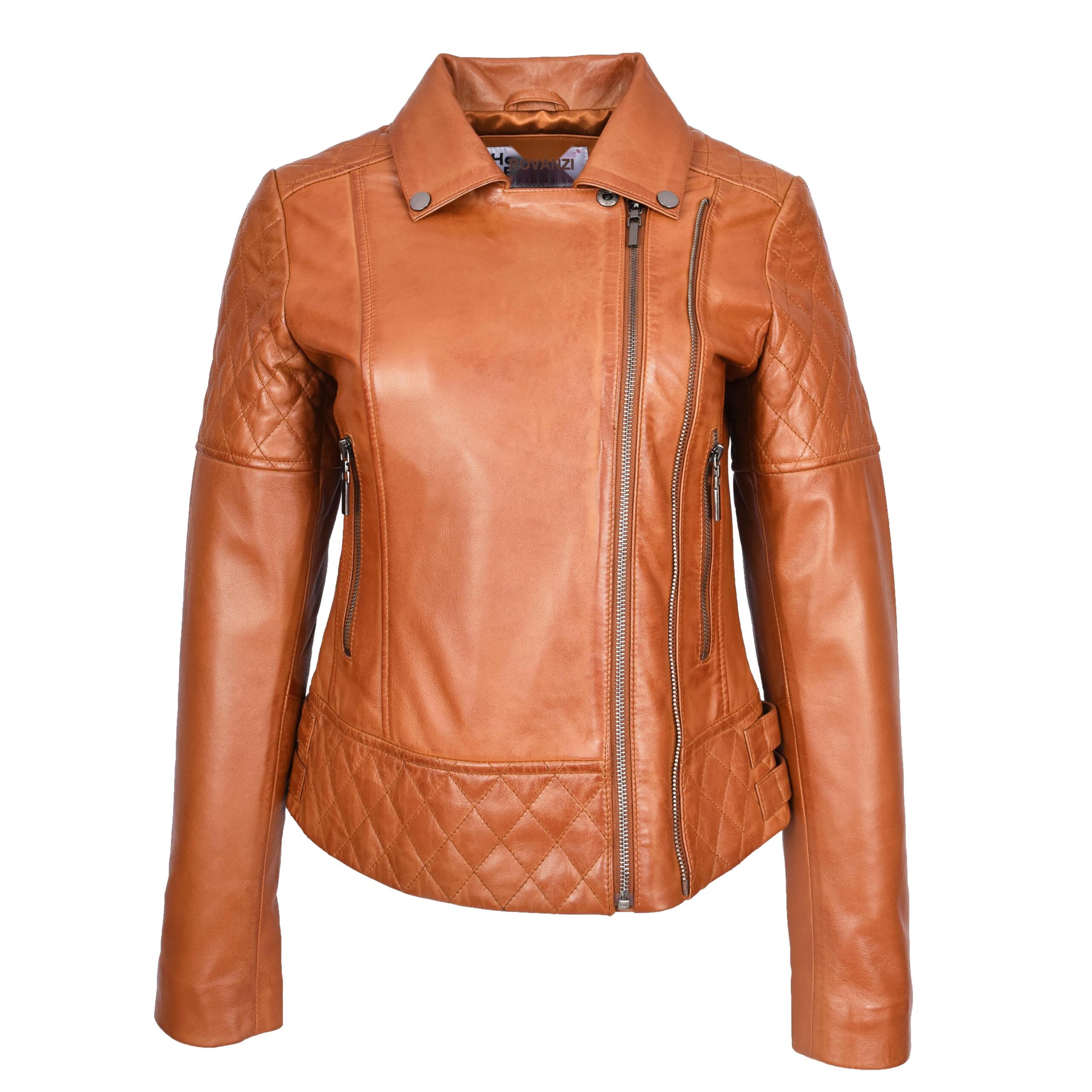 BUNERI Veste en Cuir Biker Tan pour Femme avec Détails Matelassés – Image 4