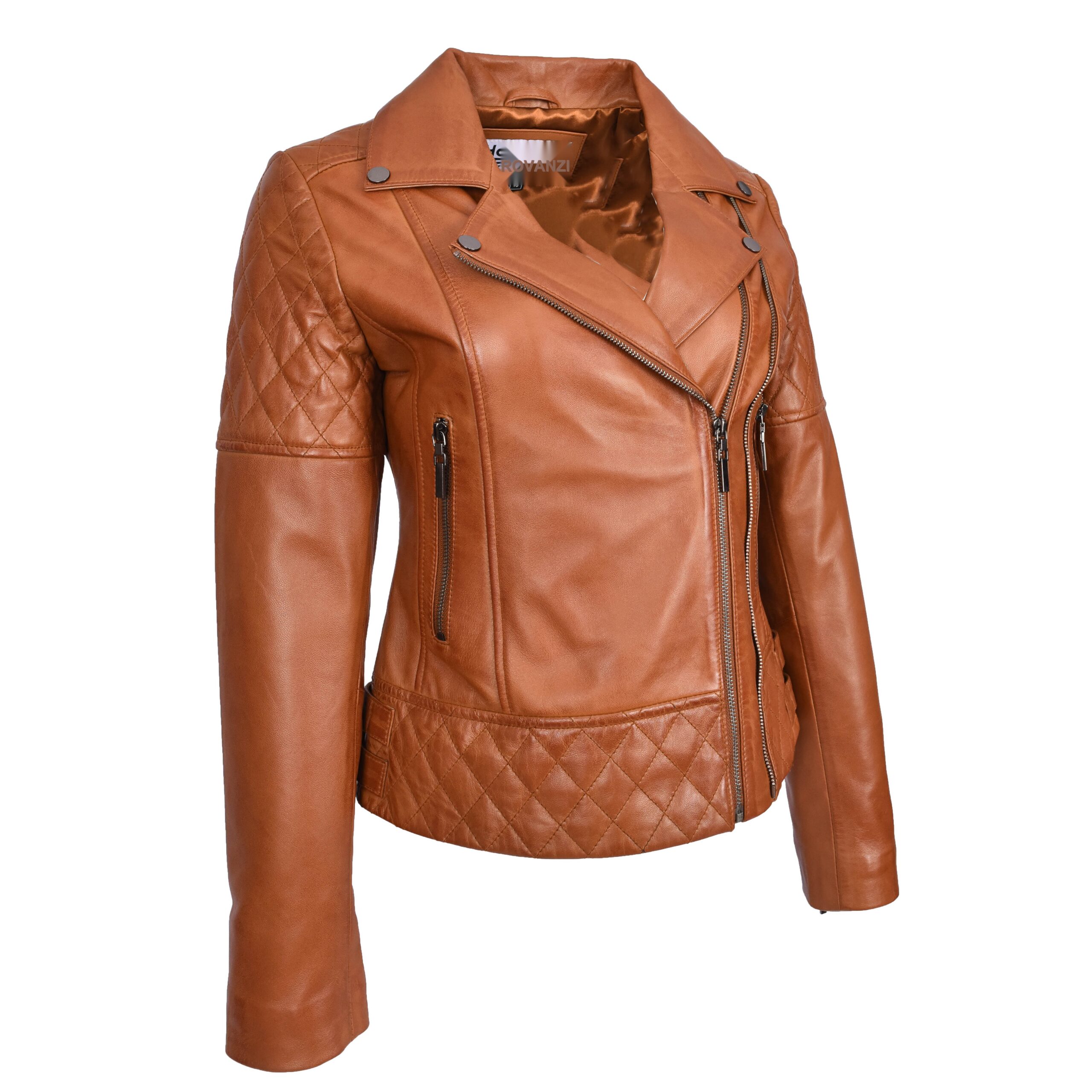 BUNERI Veste en Cuir Biker Tan pour Femme avec Détails Matelassés – Image 3
