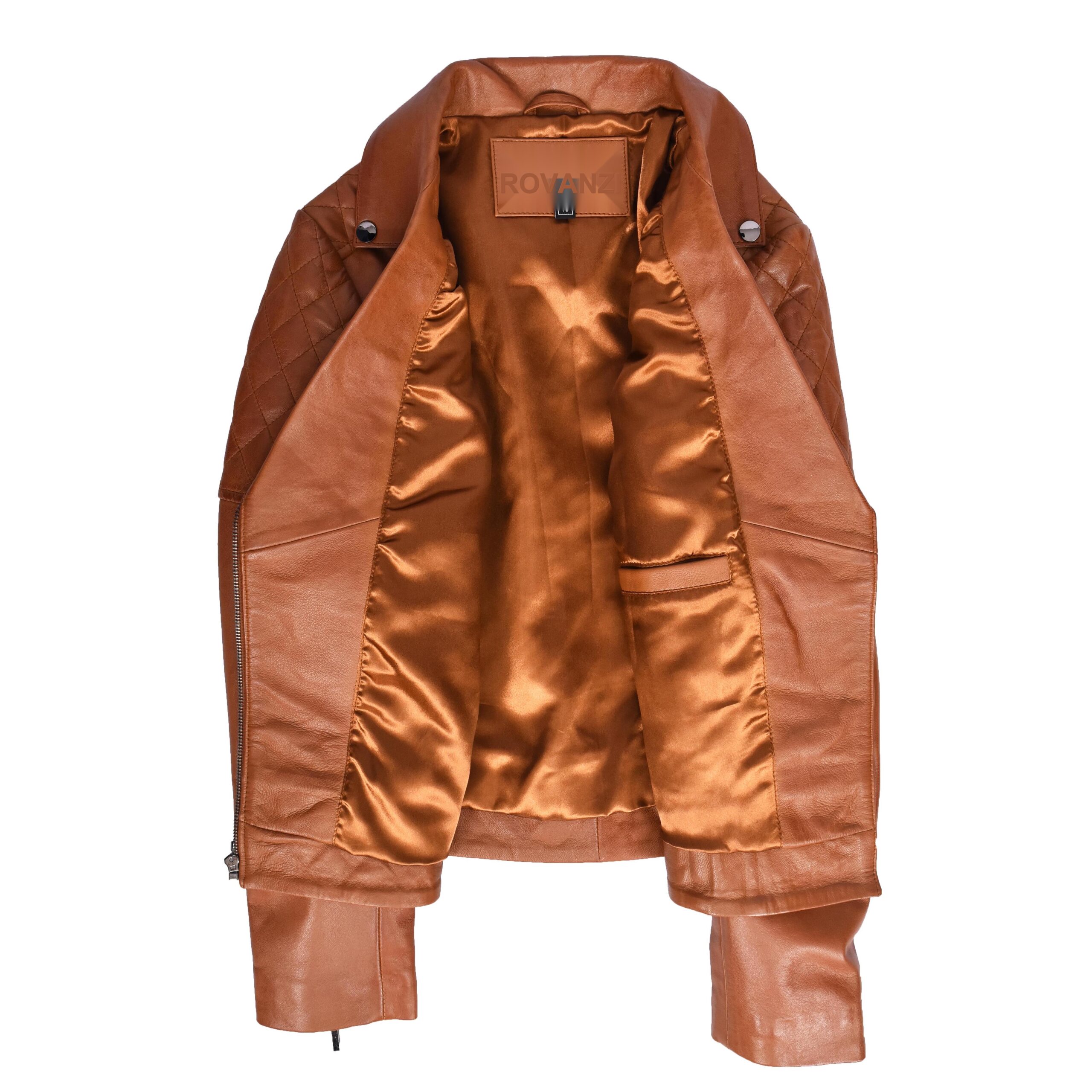 BUNERI Veste en Cuir Biker Tan pour Femme avec Détails Matelassés – Image 6