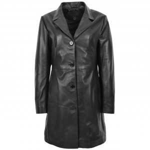 BUNERI F99 Manteau Mac en Cuir Véritable Noir 3/4 Longueur Classique pour Femme
