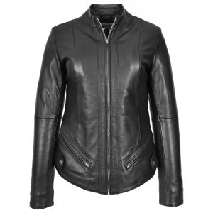 BUNERI Veste Femme Vraie Cuir Slim Fit Biker Col Montant Noire