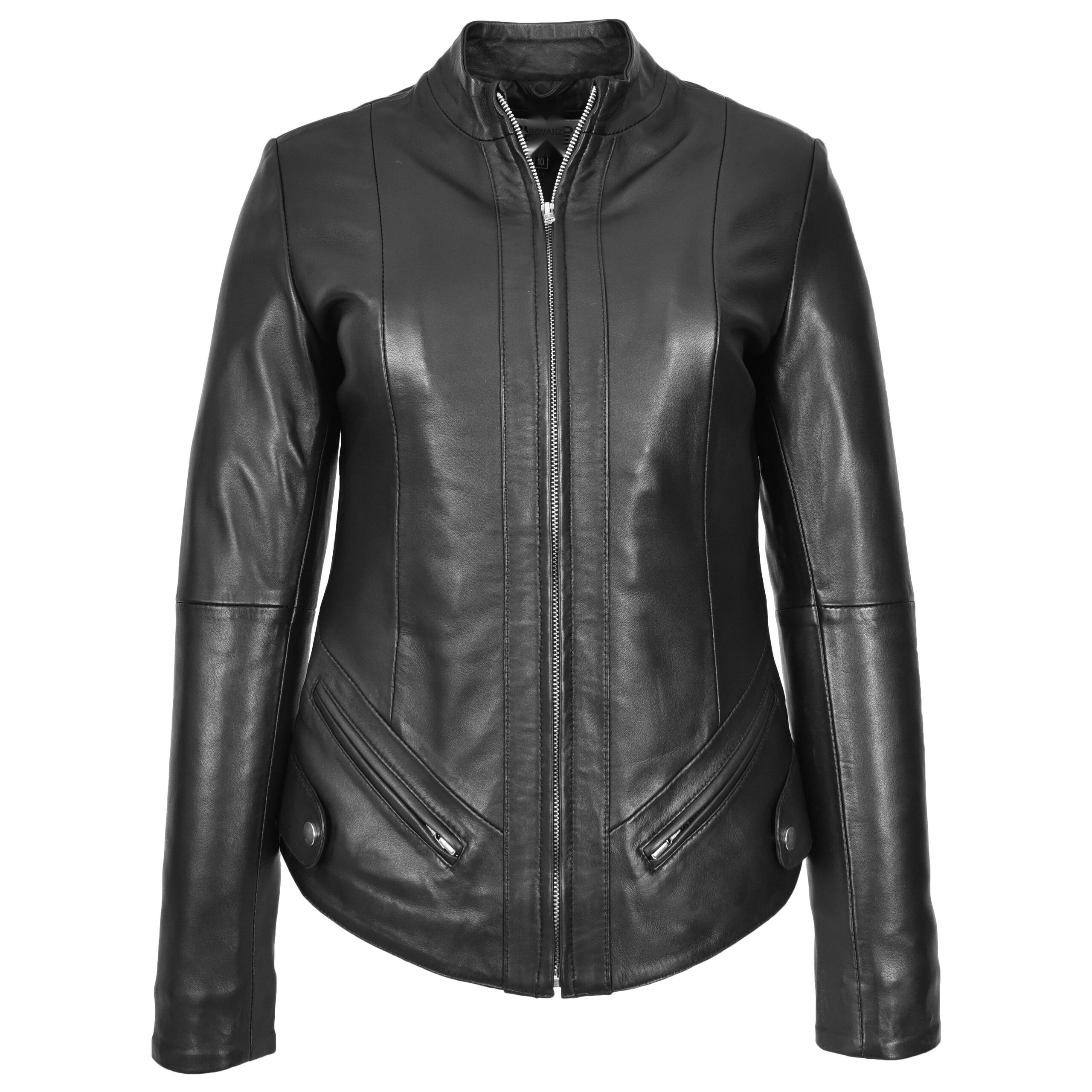 BUNERI Veste Femme Vraie Cuir Slim Fit Biker Col Montant Noire
