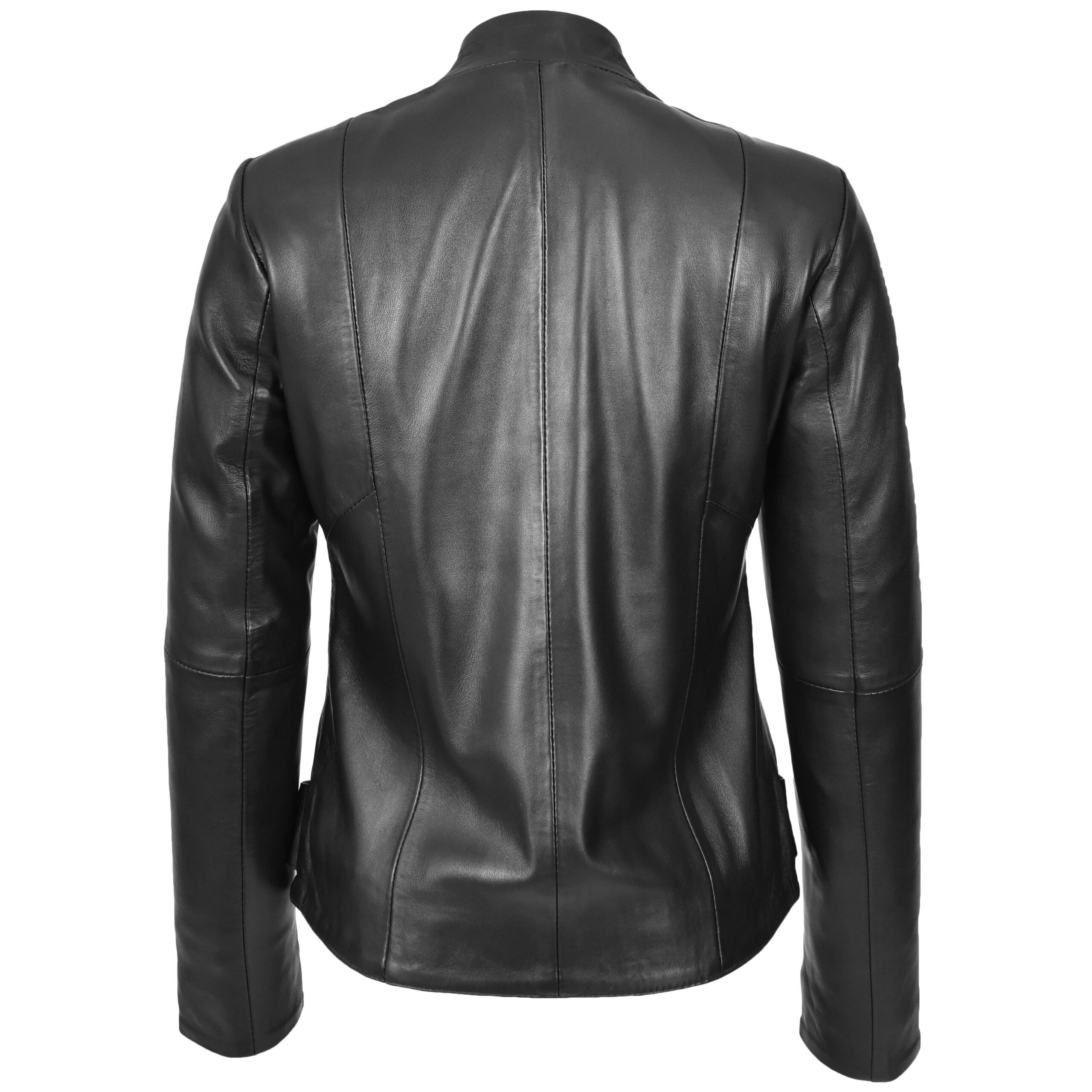 BUNERI Veste Femme Vraie Cuir Slim Fit Biker Col Montant Noire – Image 2