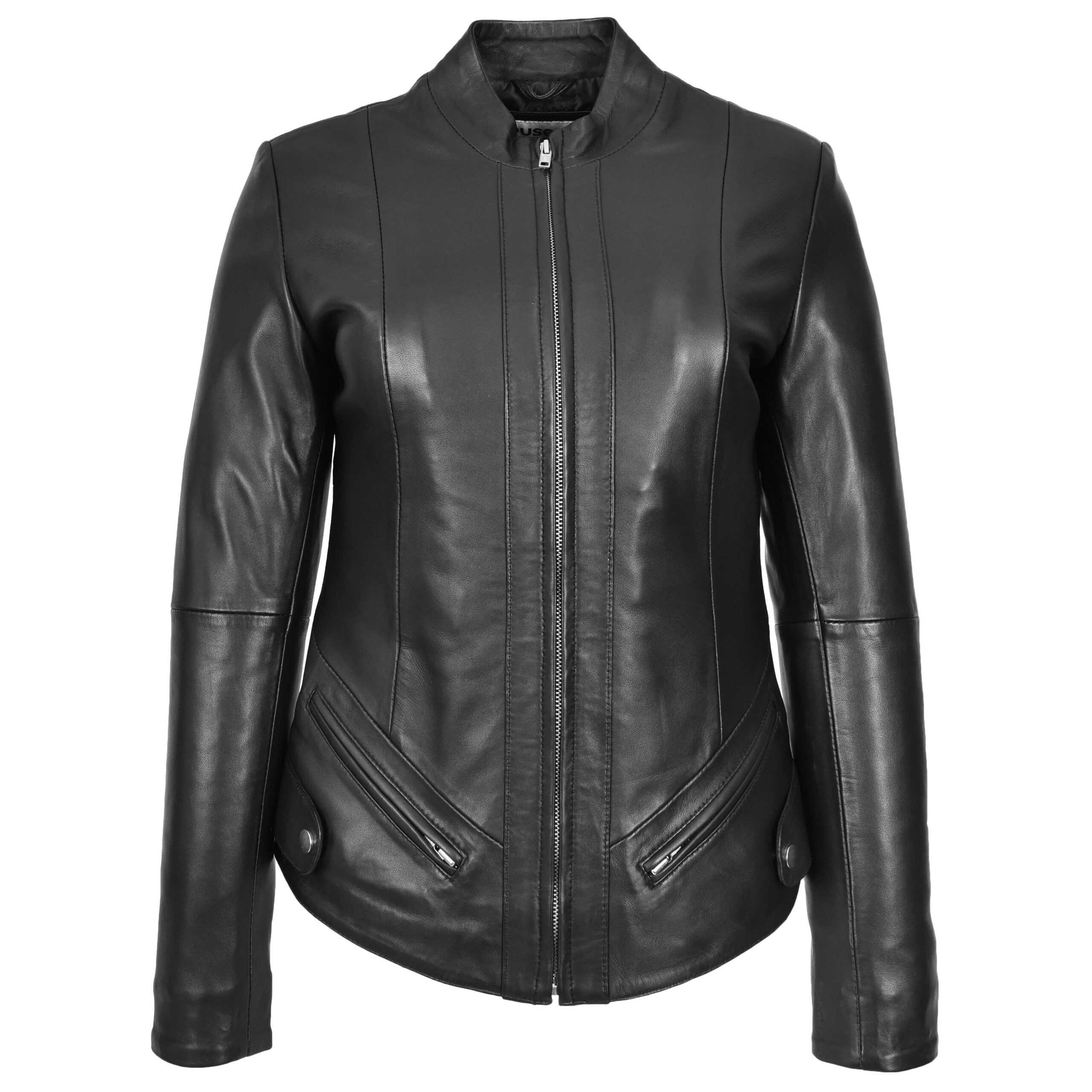 BUNERI Veste Femme Vraie Cuir Slim Fit Biker Col Montant Noire – Image 3