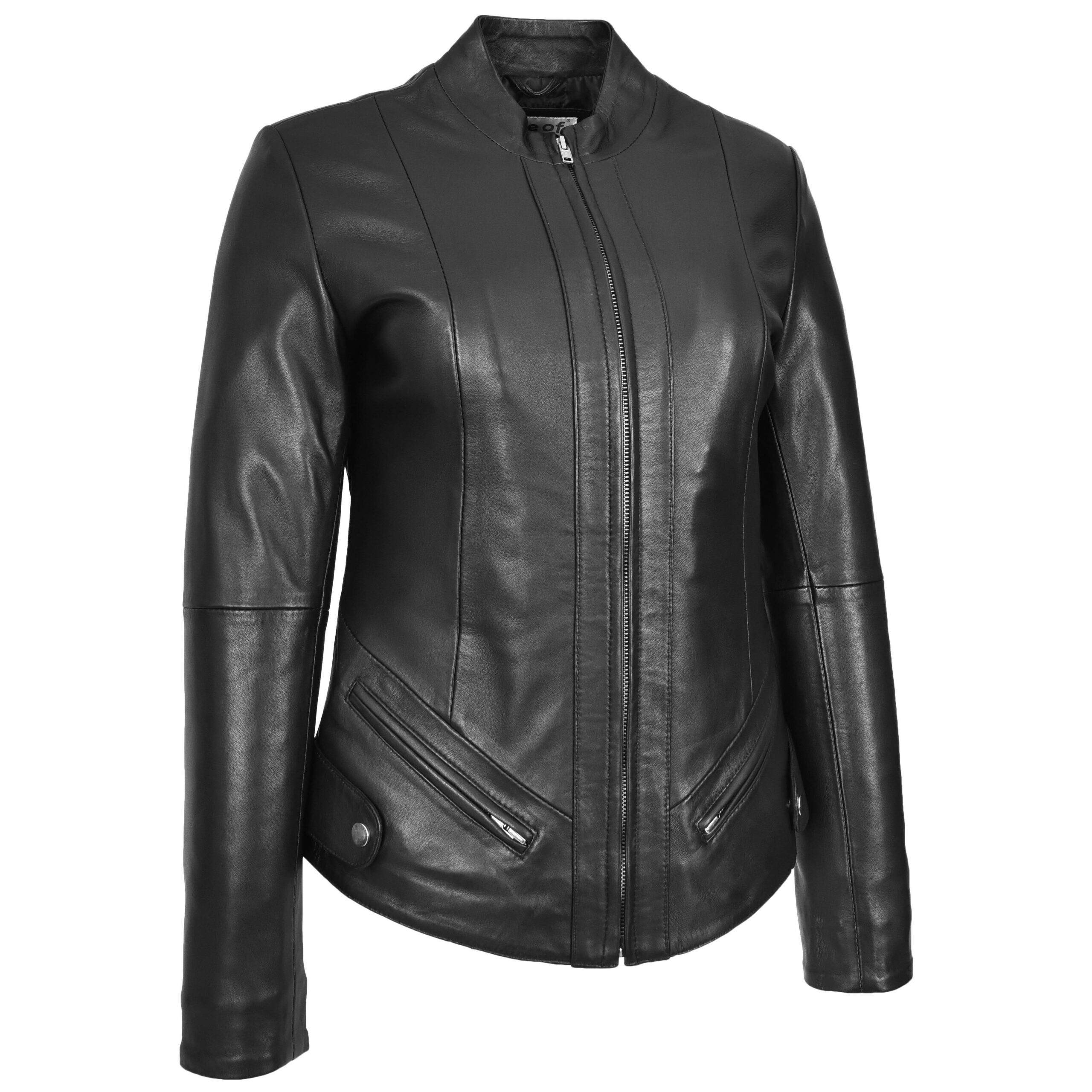 BUNERI Veste Femme Vraie Cuir Slim Fit Biker Col Montant Noire – Image 4