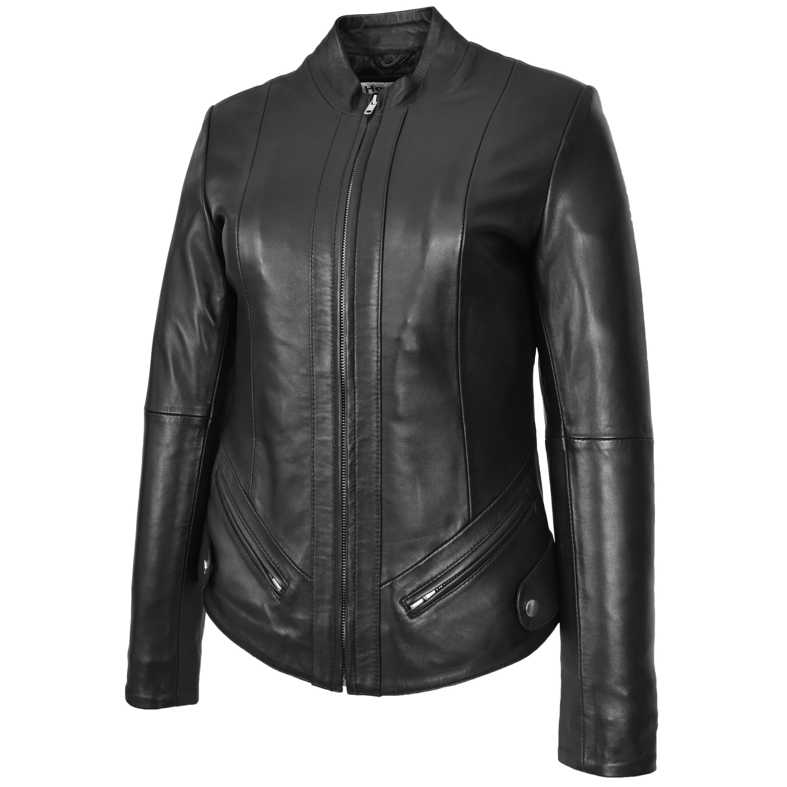 BUNERI Veste Femme Vraie Cuir Slim Fit Biker Col Montant Noire – Image 5