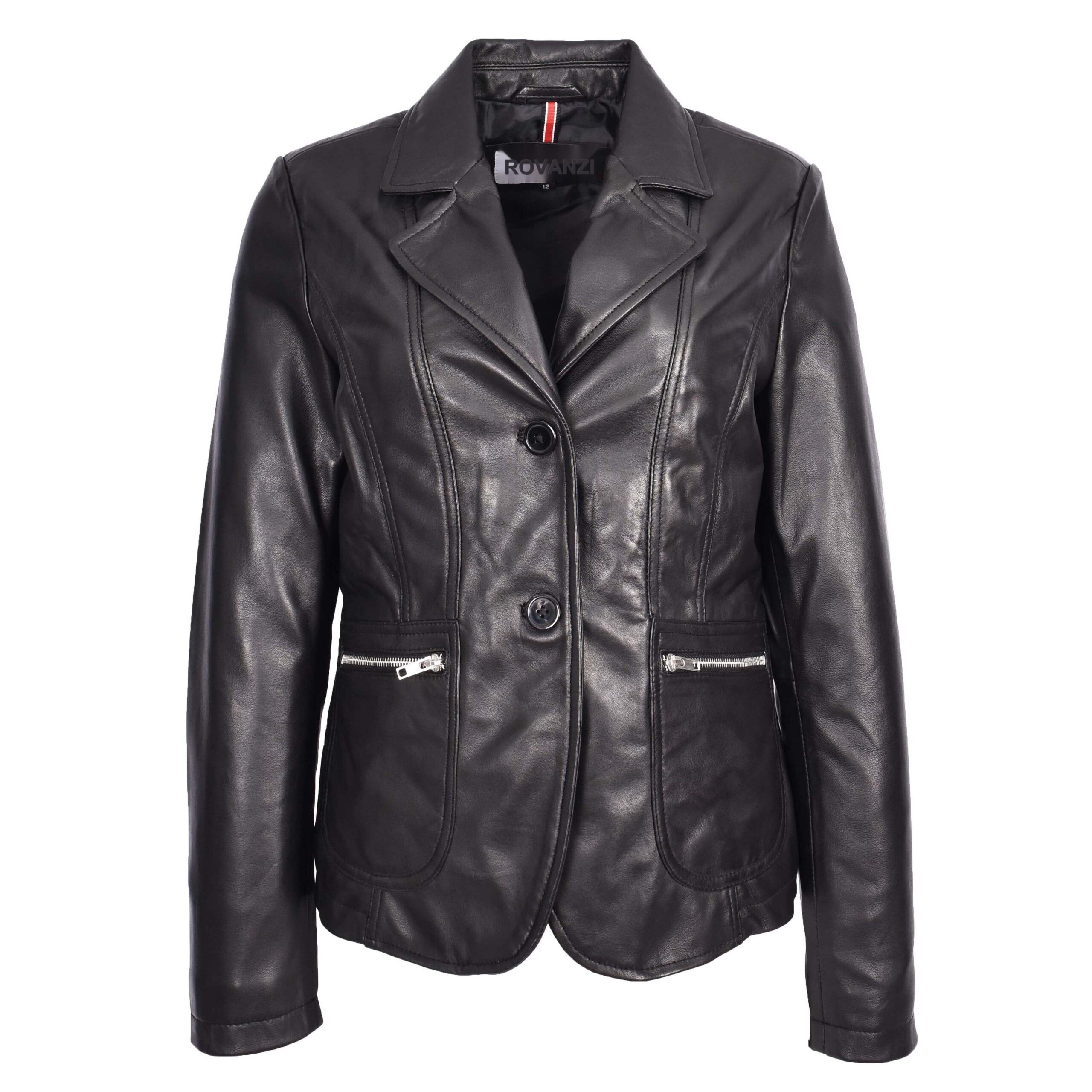 BUNERI Blazer en Cuir Noir pour Femme à Deux Boutons