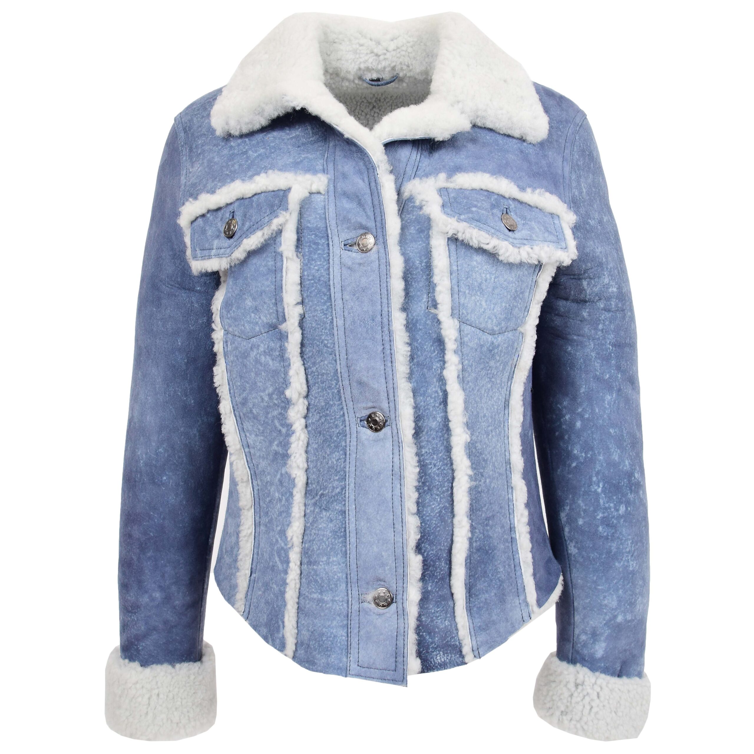 BUNERI Veste Femme Vraie Peau de Mouton Trucker Bleu Denim