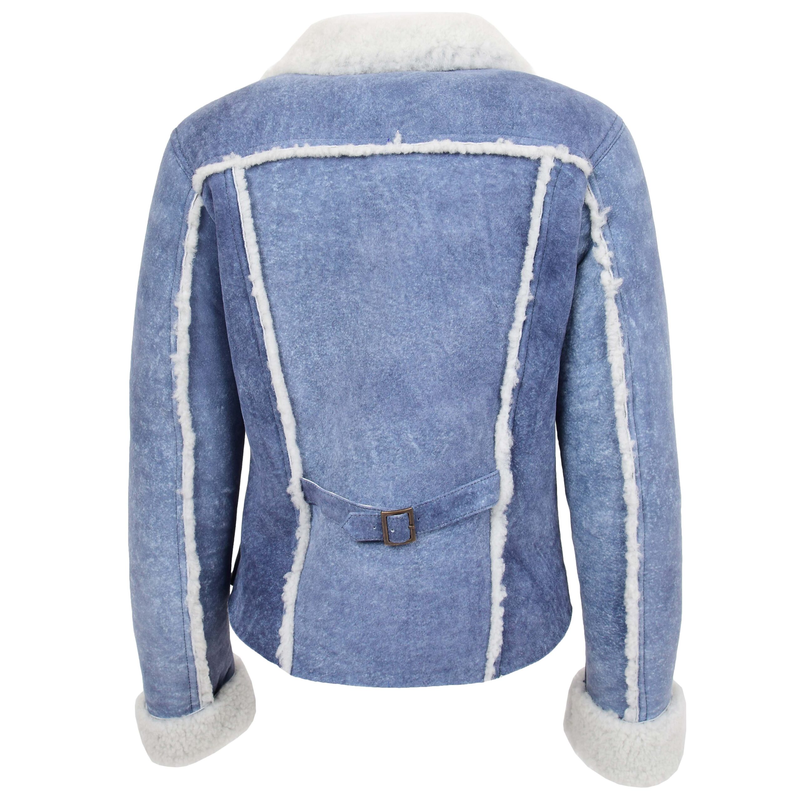 BUNERI Veste Femme Vraie Peau de Mouton Trucker Bleu Denim – Image 2