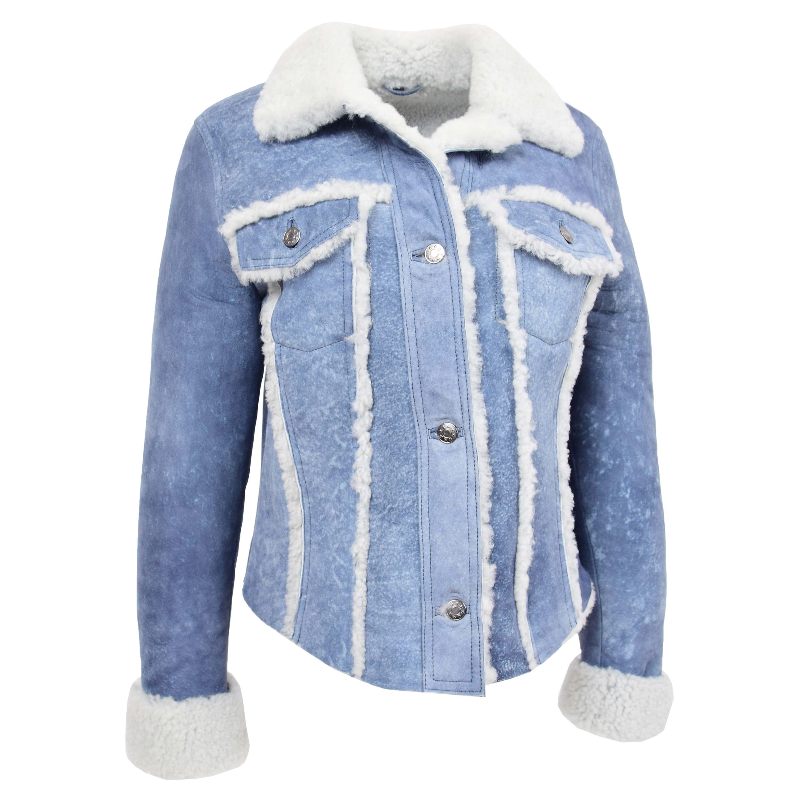 BUNERI Veste Femme Vraie Peau de Mouton Trucker Bleu Denim – Image 3