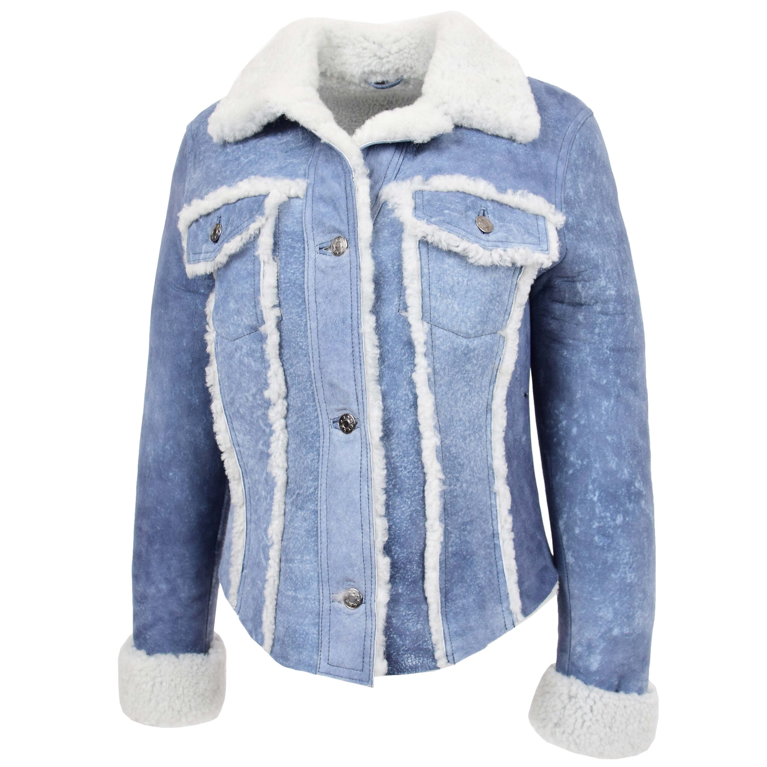BUNERI Veste Femme Vraie Peau de Mouton Trucker Bleu Denim – Image 4