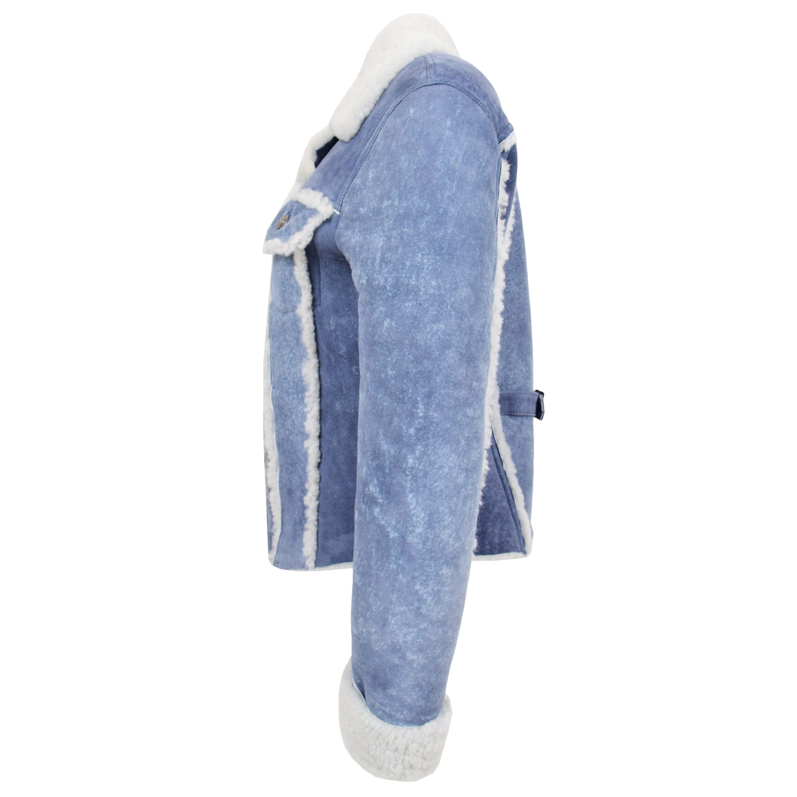 BUNERI Veste Femme Vraie Peau de Mouton Trucker Bleu Denim – Image 5
