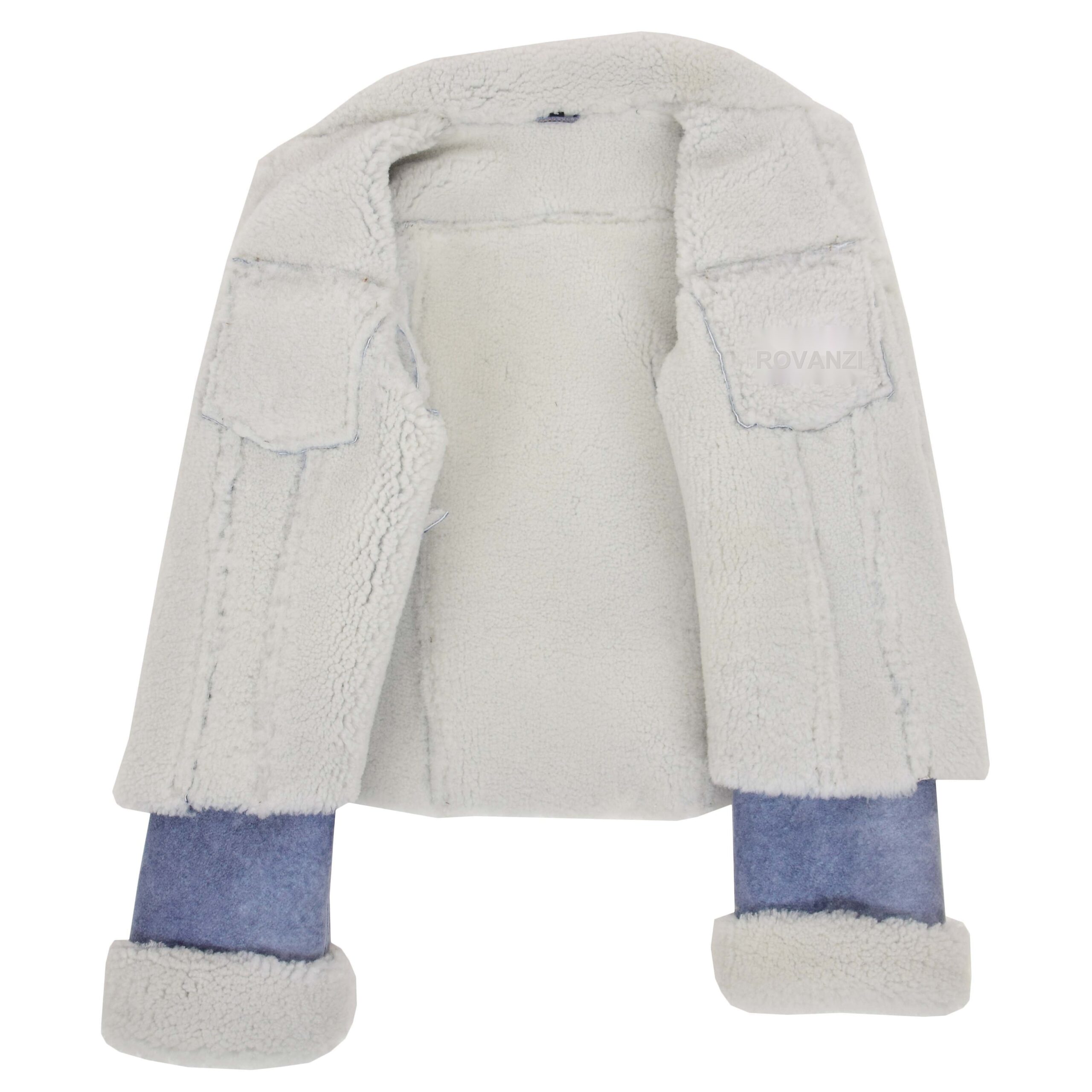 BUNERI Veste Femme Vraie Peau de Mouton Trucker Bleu Denim – Image 6