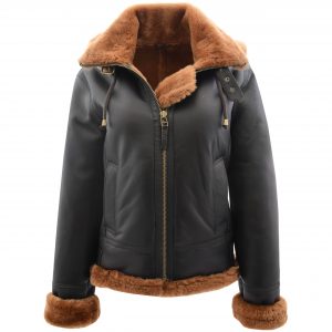 BUNERI Veste en Peau de Mouton B3 pour Femme avec Capuche Amovible Marron