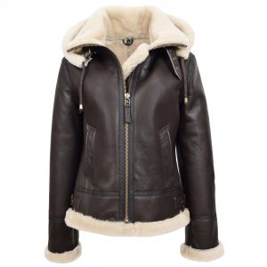 BUNERI Veste Femme Peau de Mouton B3 Capuche Amovible Marron Blanc