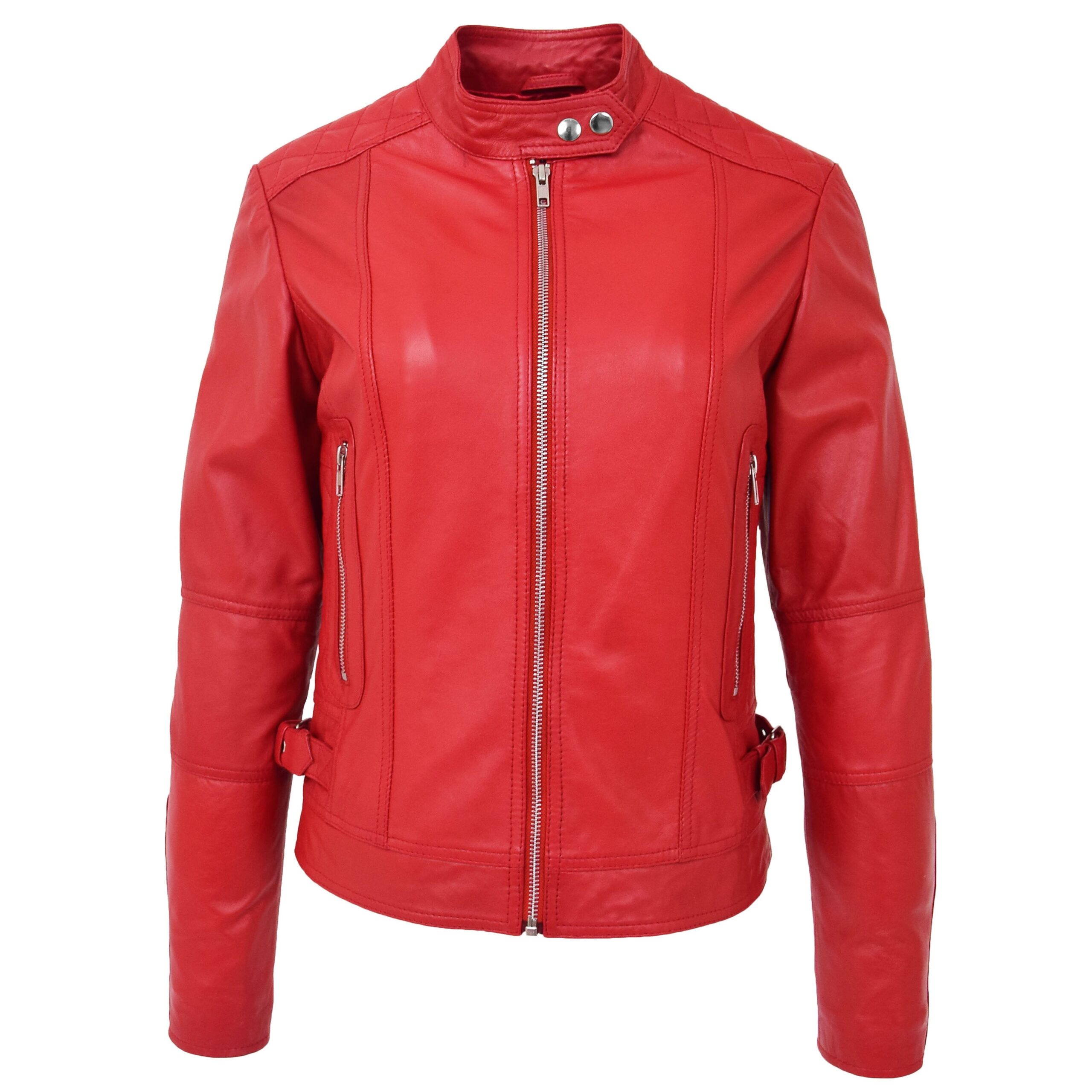 Veste Biker en Cuir Ruby Rouge pour Femme