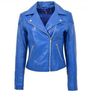 BUNERI Biker Cuir Anna Bleue Souple Zip Croisé