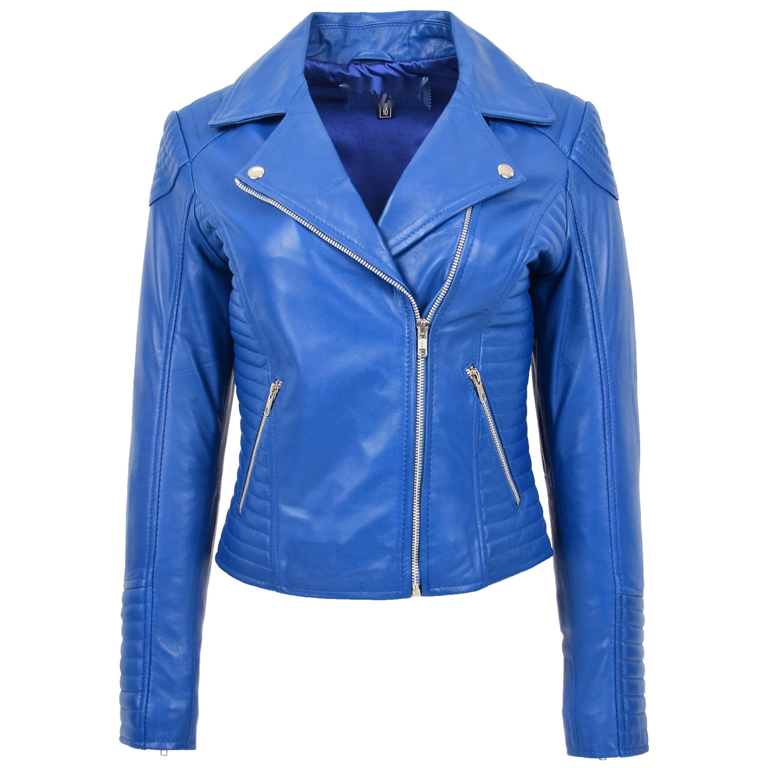 BUNERI Biker Cuir Anna Bleue Souple Zip Croisé