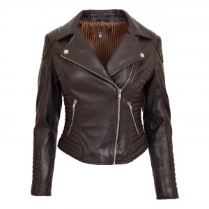 BUNERI Veste Femme Cuir Souple Zip Croise Biker Marron