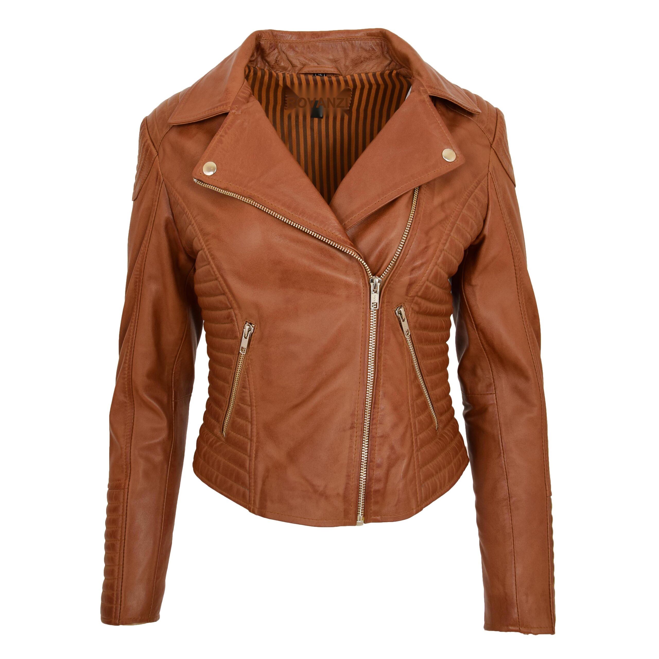 BUNERI Veste Biker Femme Cuir Souple Zip Croise Camel