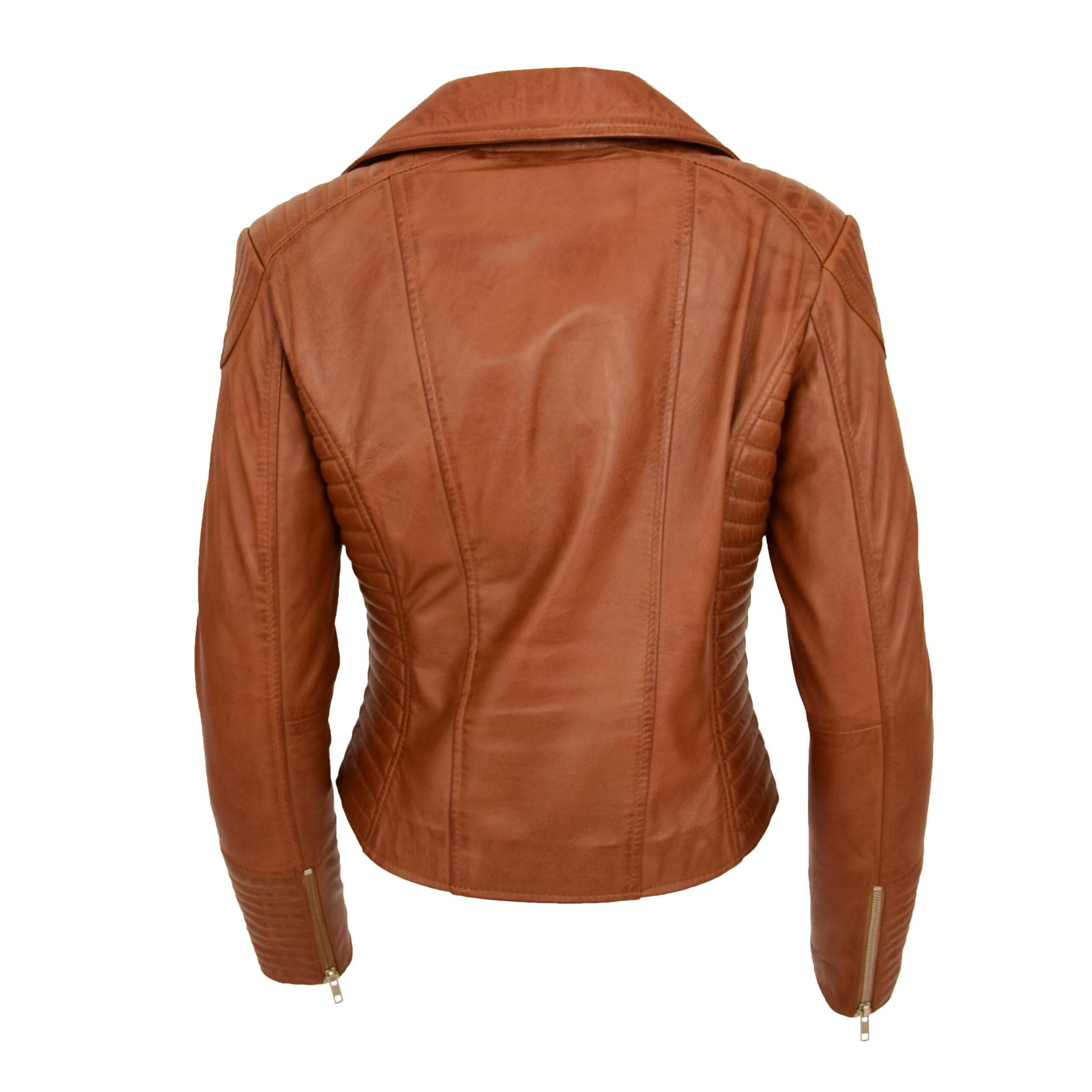 BUNERI Veste Biker Femme Cuir Souple Zip Croise Camel – Image 2