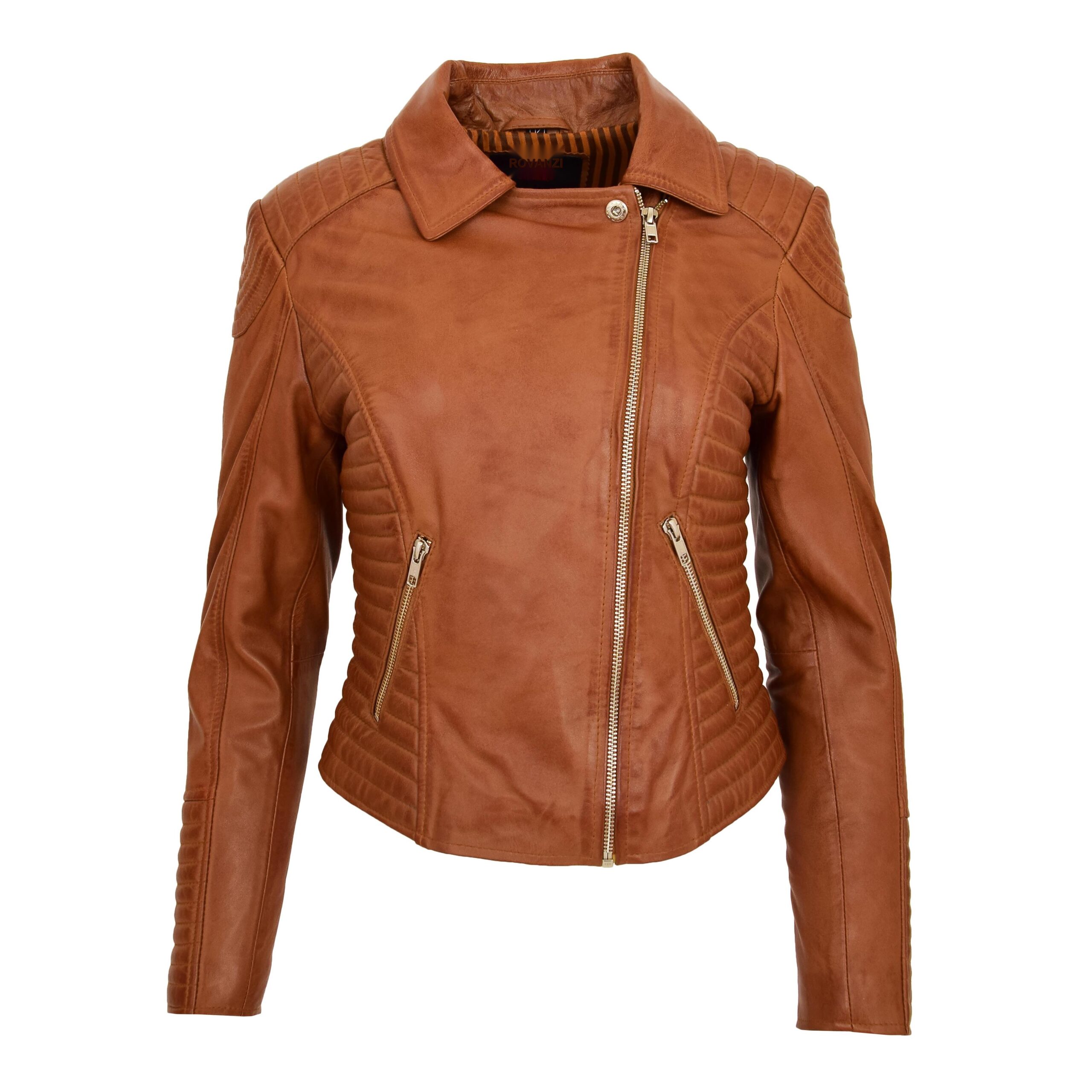 BUNERI Veste Biker Femme Cuir Souple Zip Croise Camel – Image 3