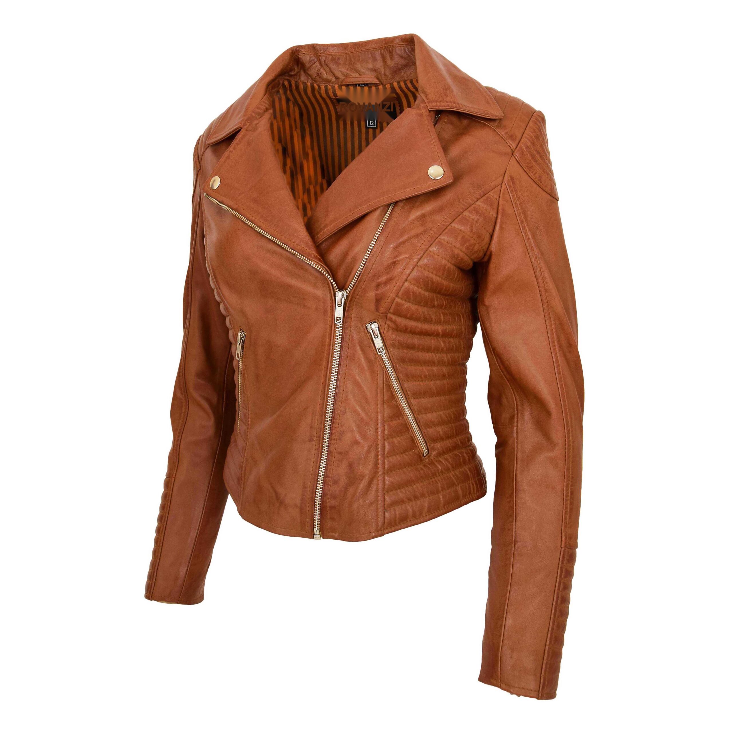 BUNERI Veste Biker Femme Cuir Souple Zip Croise Camel – Image 4