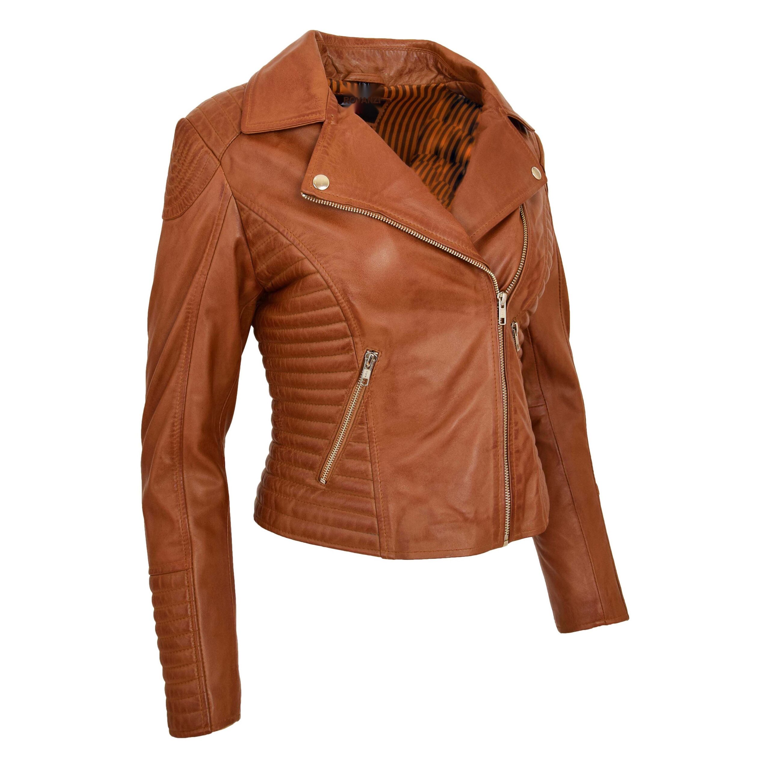 BUNERI Veste Biker Femme Cuir Souple Zip Croise Camel – Image 5