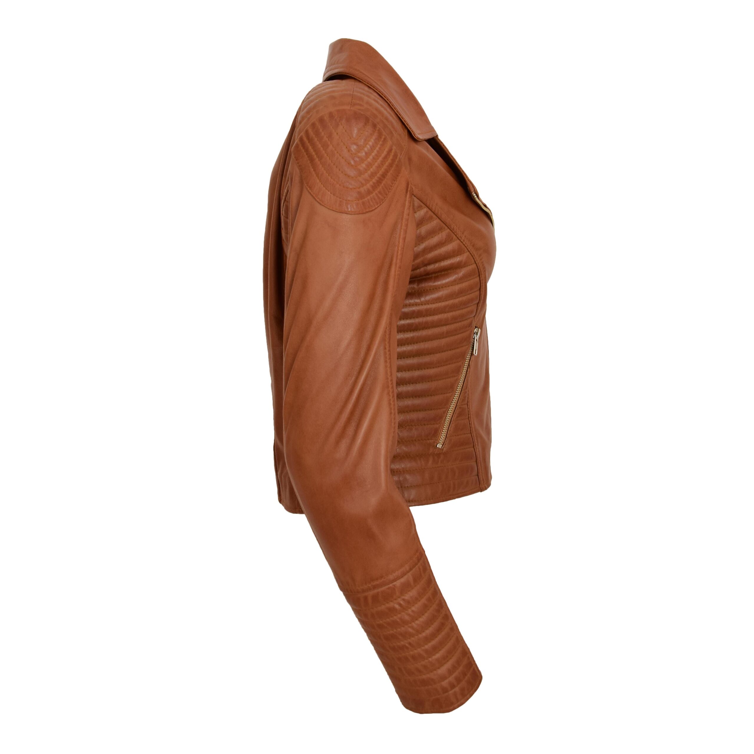 BUNERI Veste Biker Femme Cuir Souple Zip Croise Camel – Image 6
