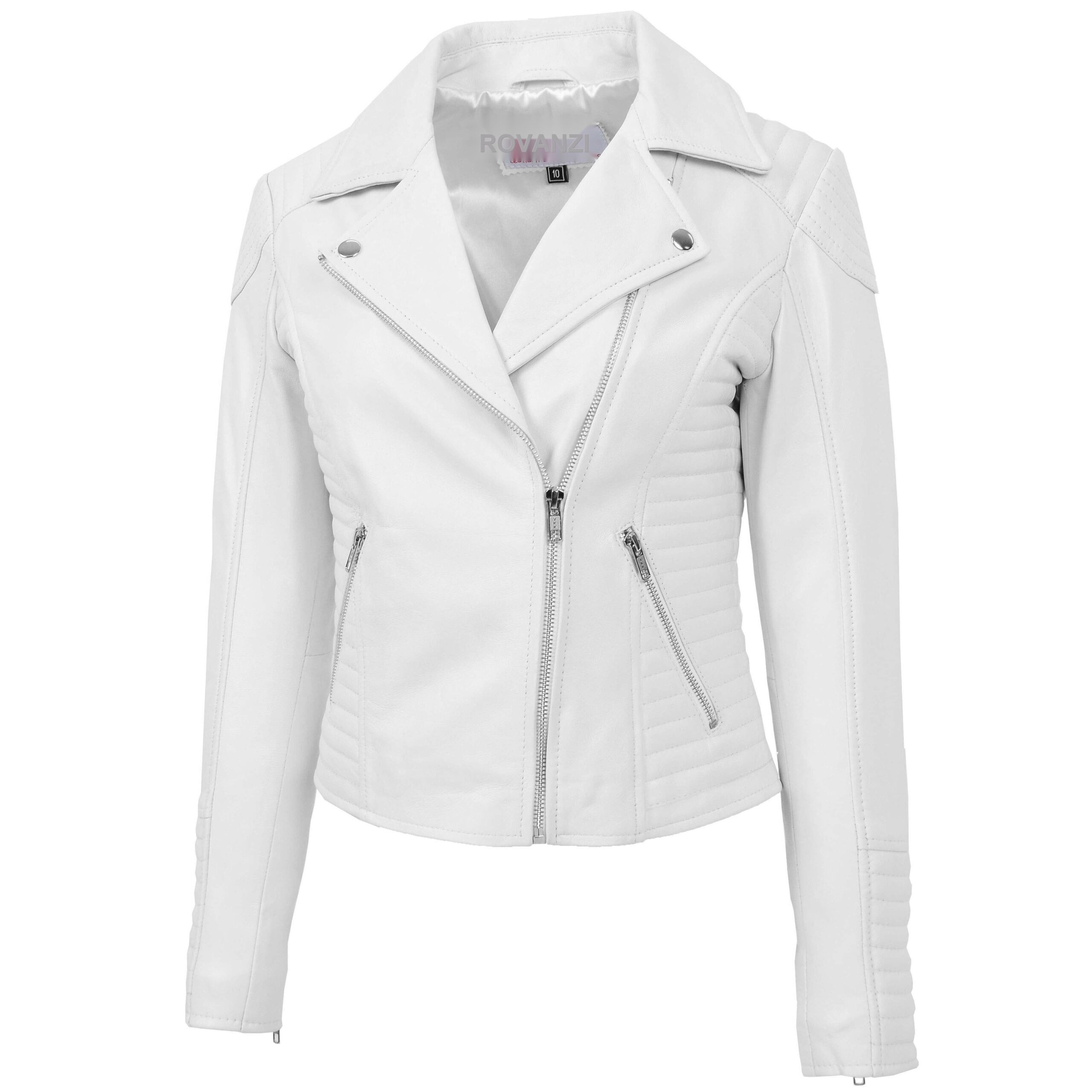 BUNERI Veste Biker en Cuir Souple Blanc Zip Croisé pour Femme – Image 3