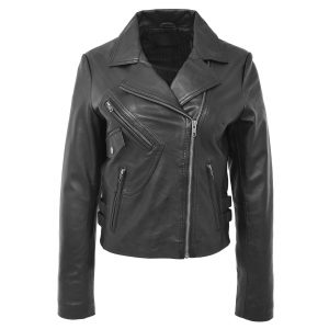 BUNERI Veste Femme Cuir Souple Cross-Zip Decontractee Noire