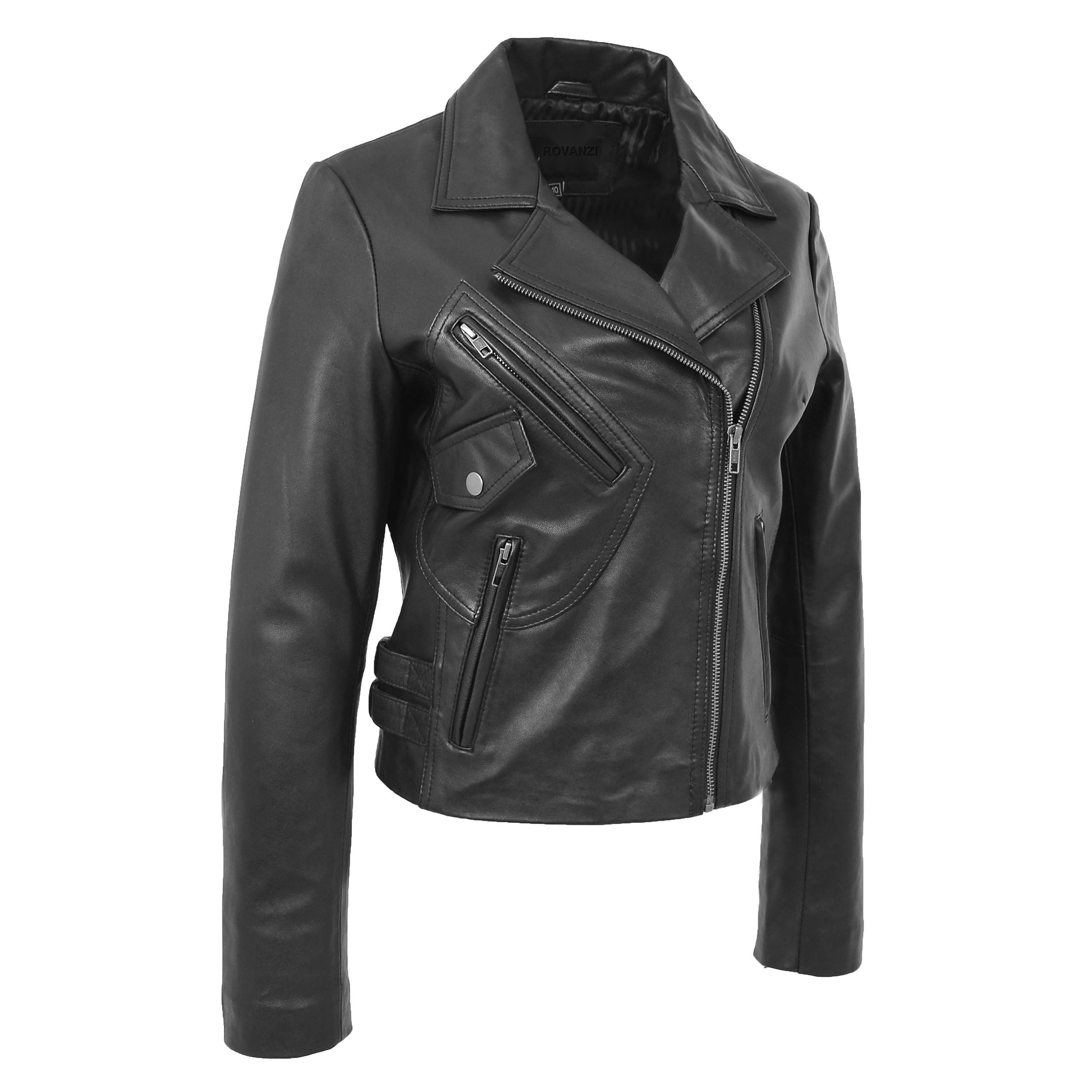 BUNERI Veste Femme Cuir Souple Cross-Zip Decontractee Noire – Image 3