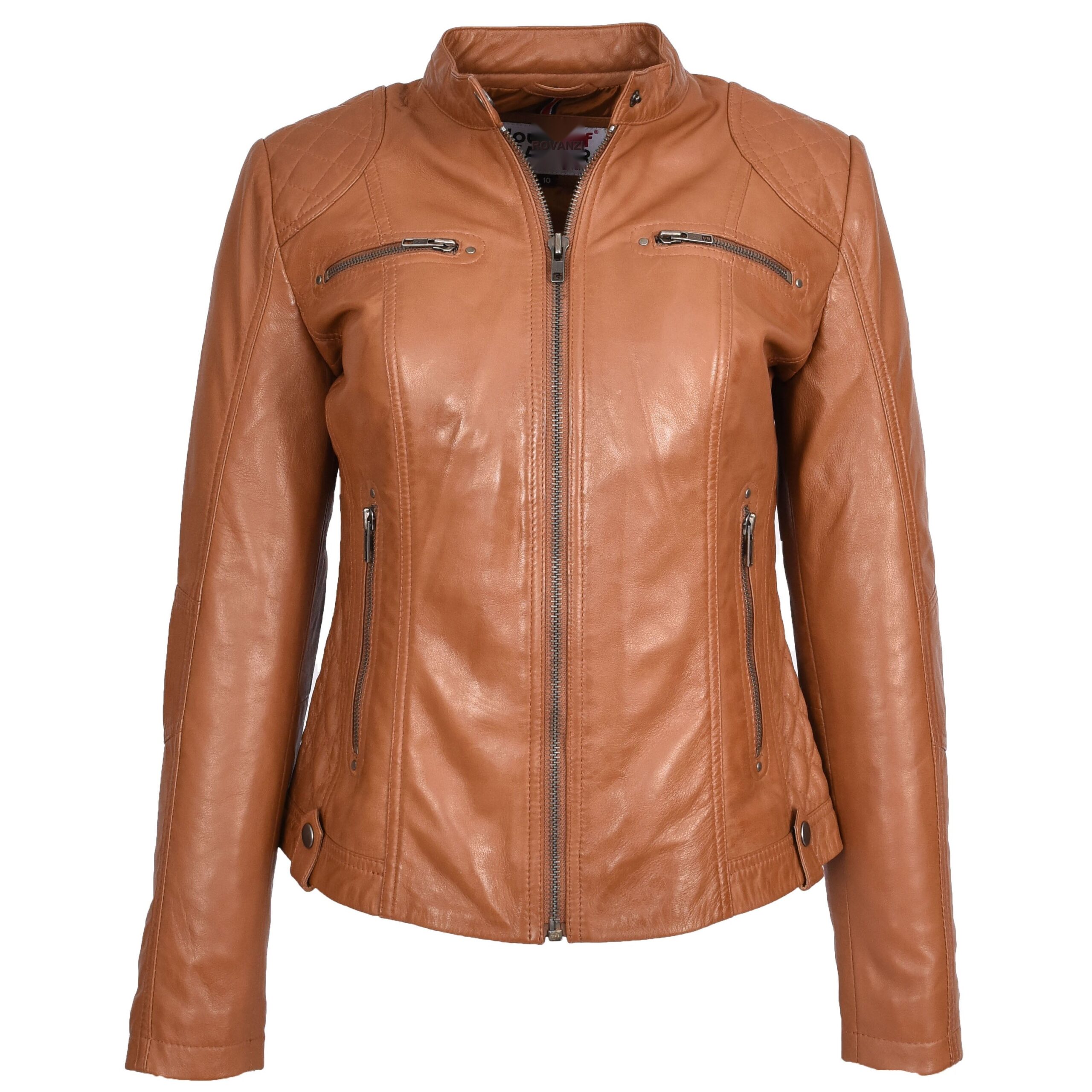 BUNERI Cafe Racer Fiona Tan en Cuir Souple Ajustée Matelassée