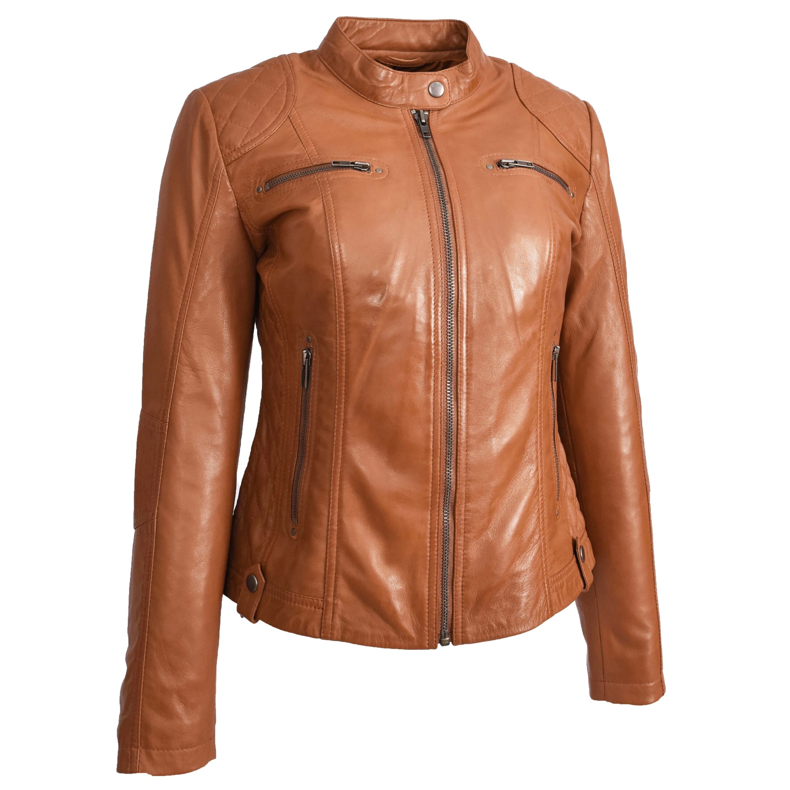 BUNERI Cafe Racer Fiona Tan en Cuir Souple Ajustée Matelassée – Image 3